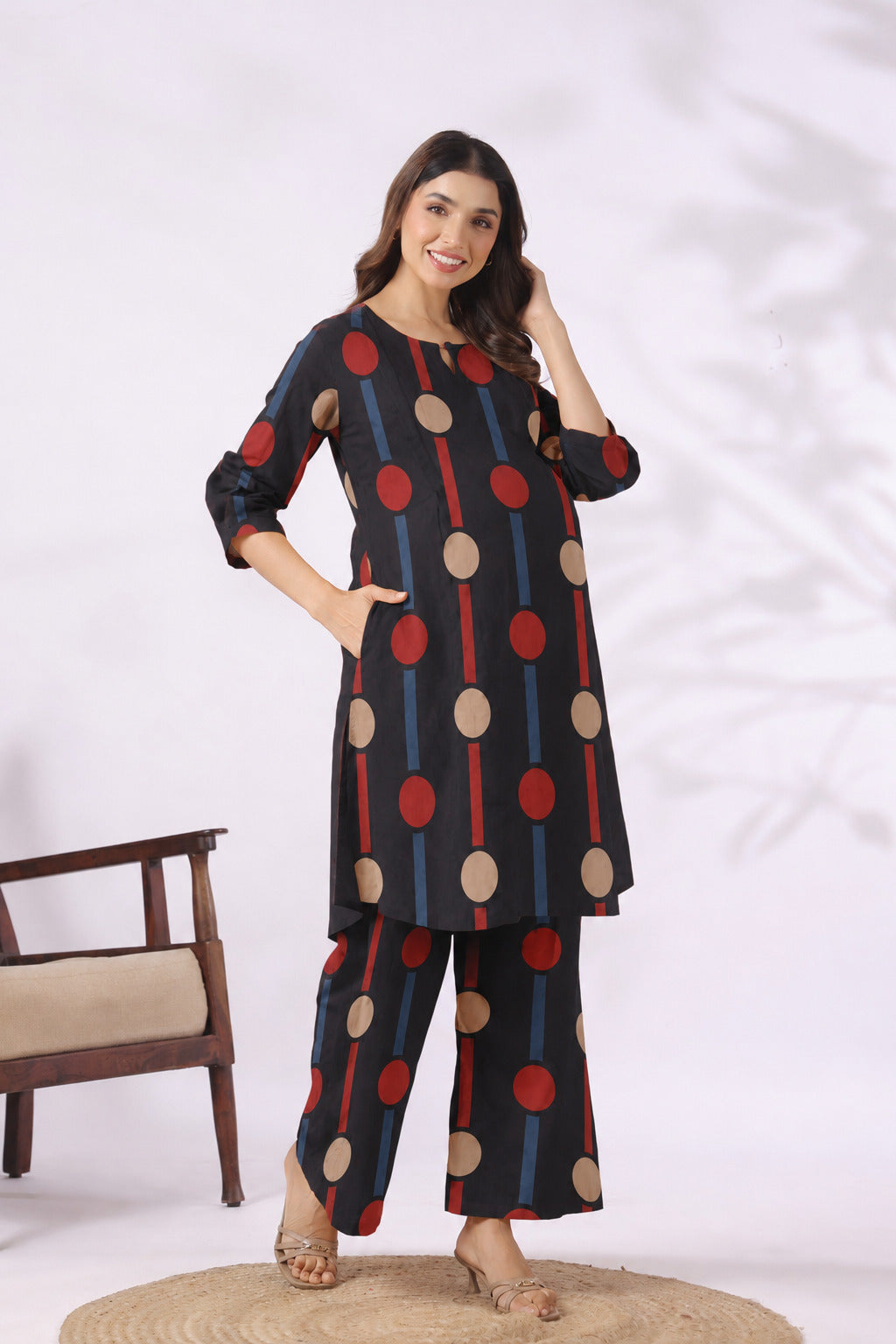 Black Geometric Ajrakh Cotton Maternity - Nursing Co-ord Set
