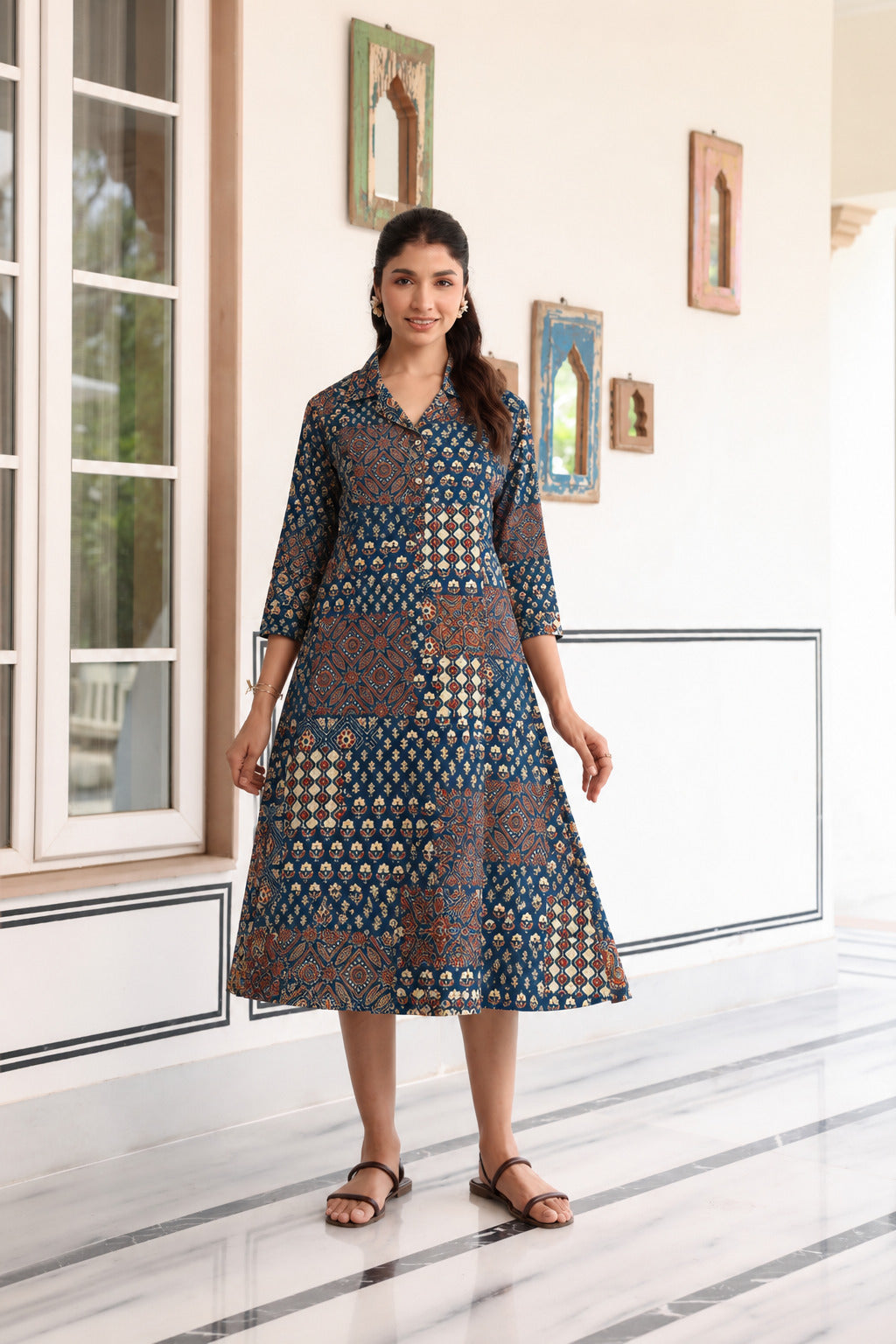 Indigo Patchwork Cotton Maternity - Nursing Dress