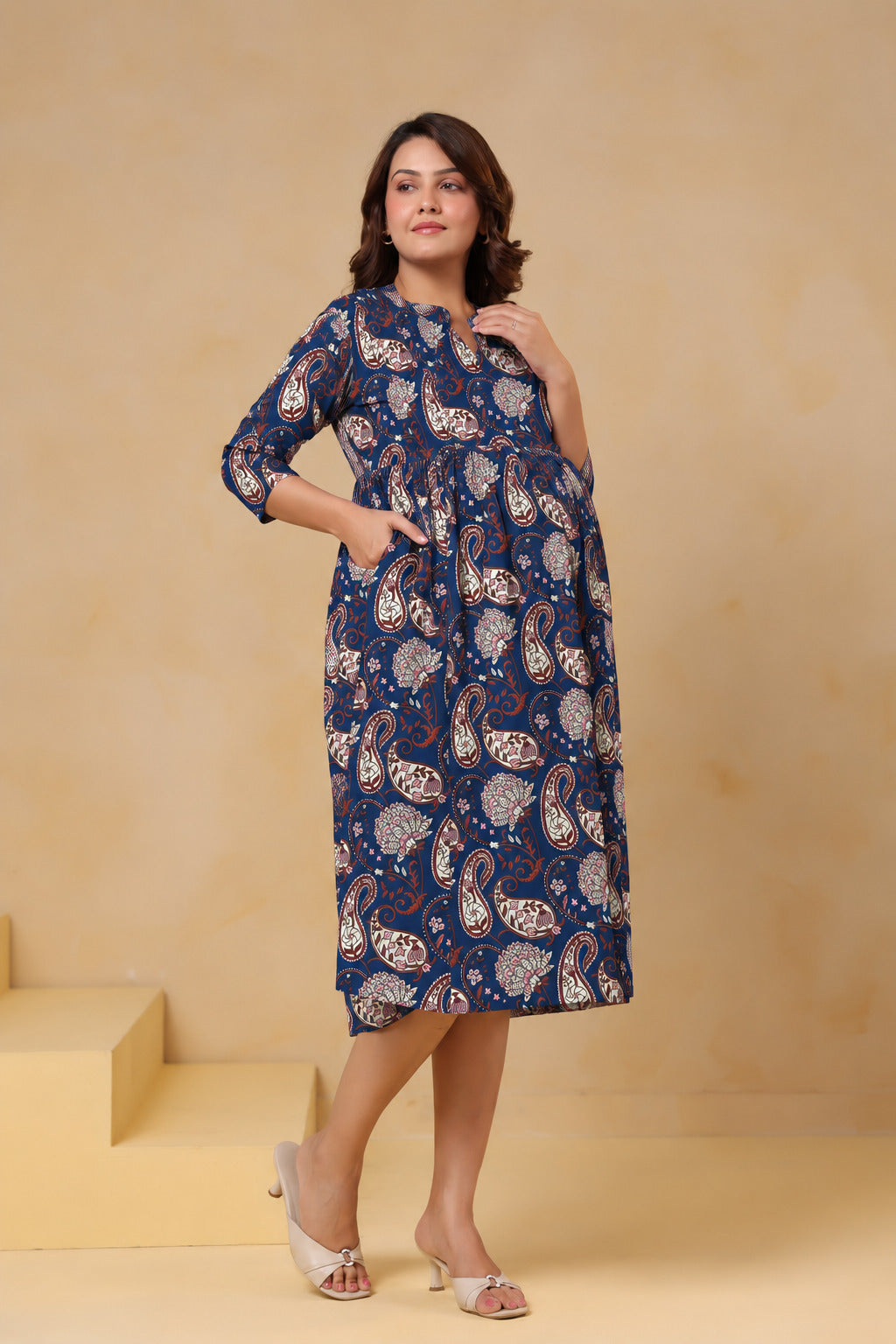 Indigo Kalamkari Buta Cotton Maternity - Nursing Dress