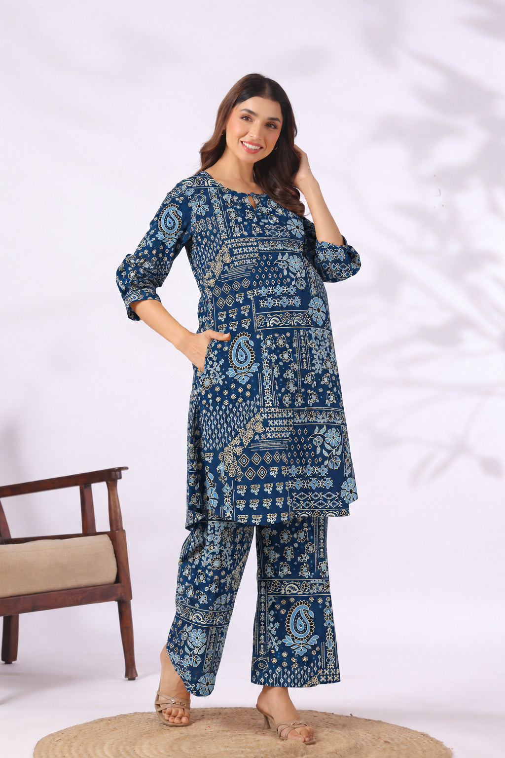 Indigo Folk Patch Cotton Maternity - Nursing Co-ord Set