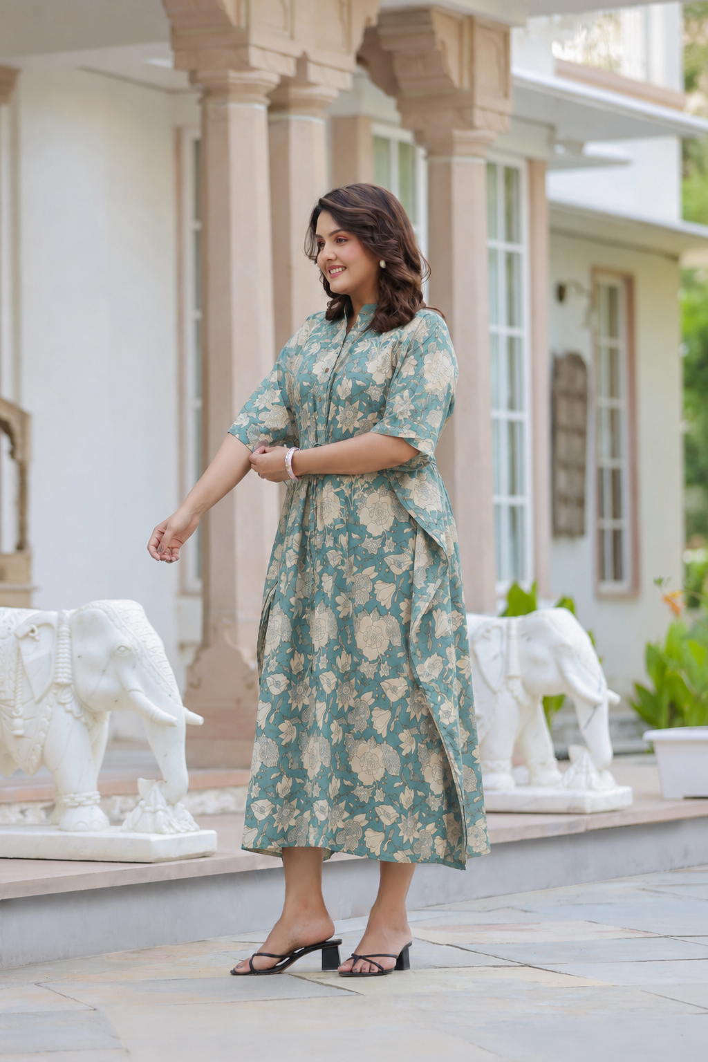 Teal Gardenia Cotton Kaftan ( One-Size )
