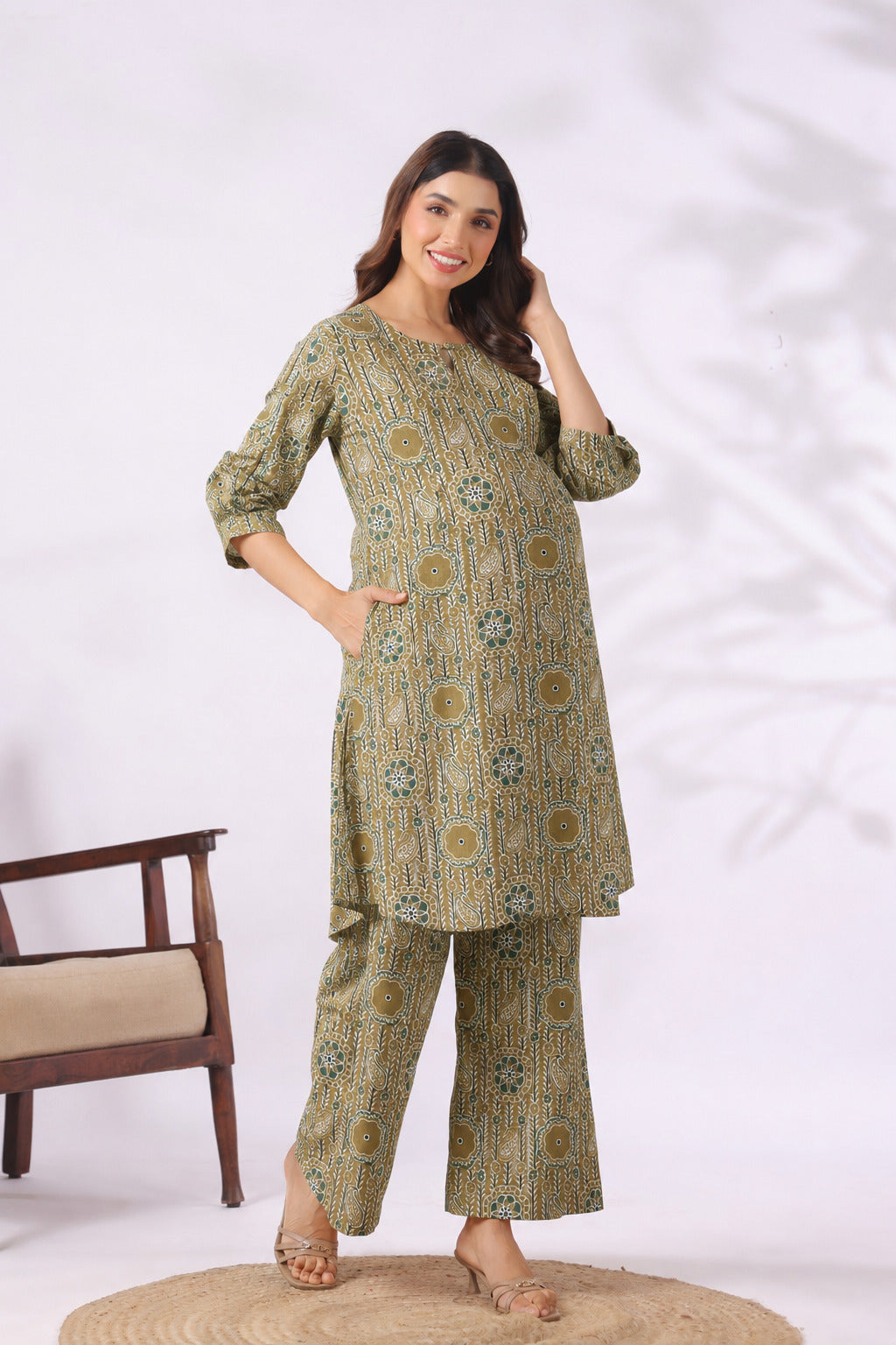 Olive Kalamkari Cotton Maternity - Nursing Co-ord Set