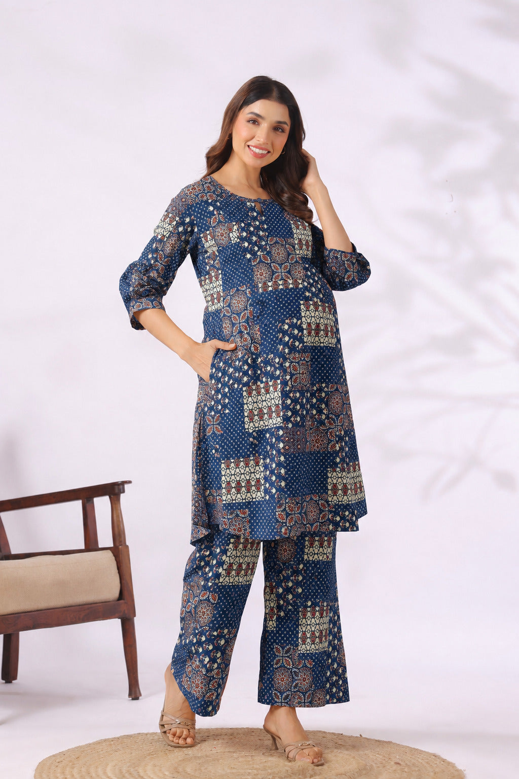 Indigo Katha Cotton Maternity - Nursing Co-ord Set