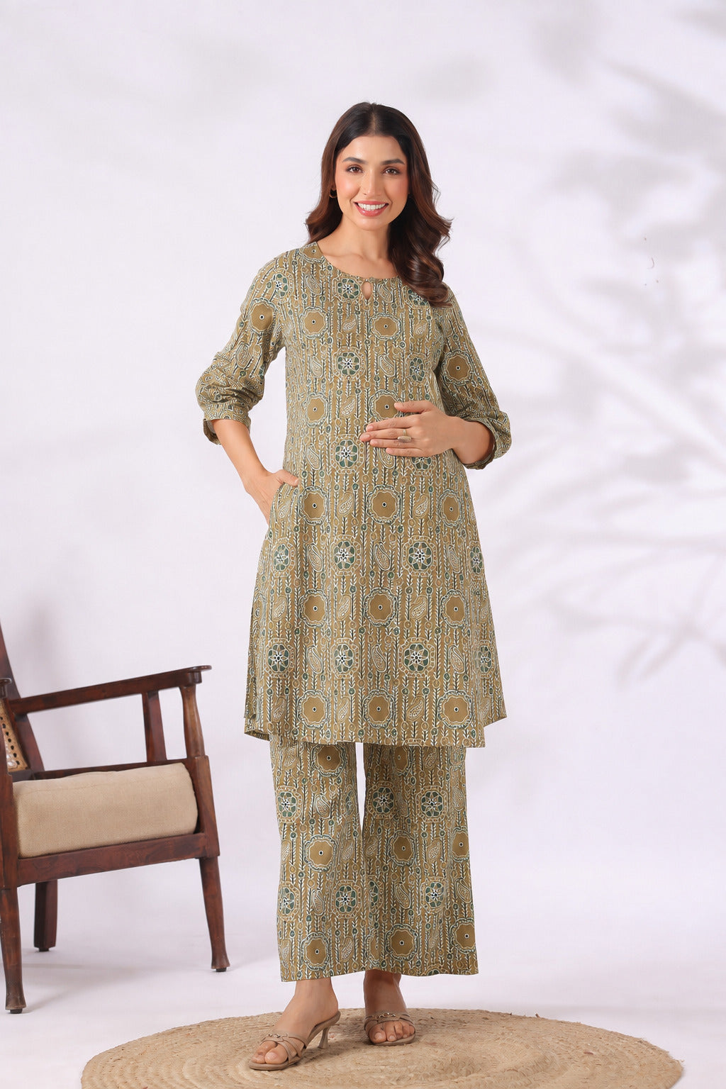 Olive Kalamkari Cotton Maternity - Nursing Co-ord Set