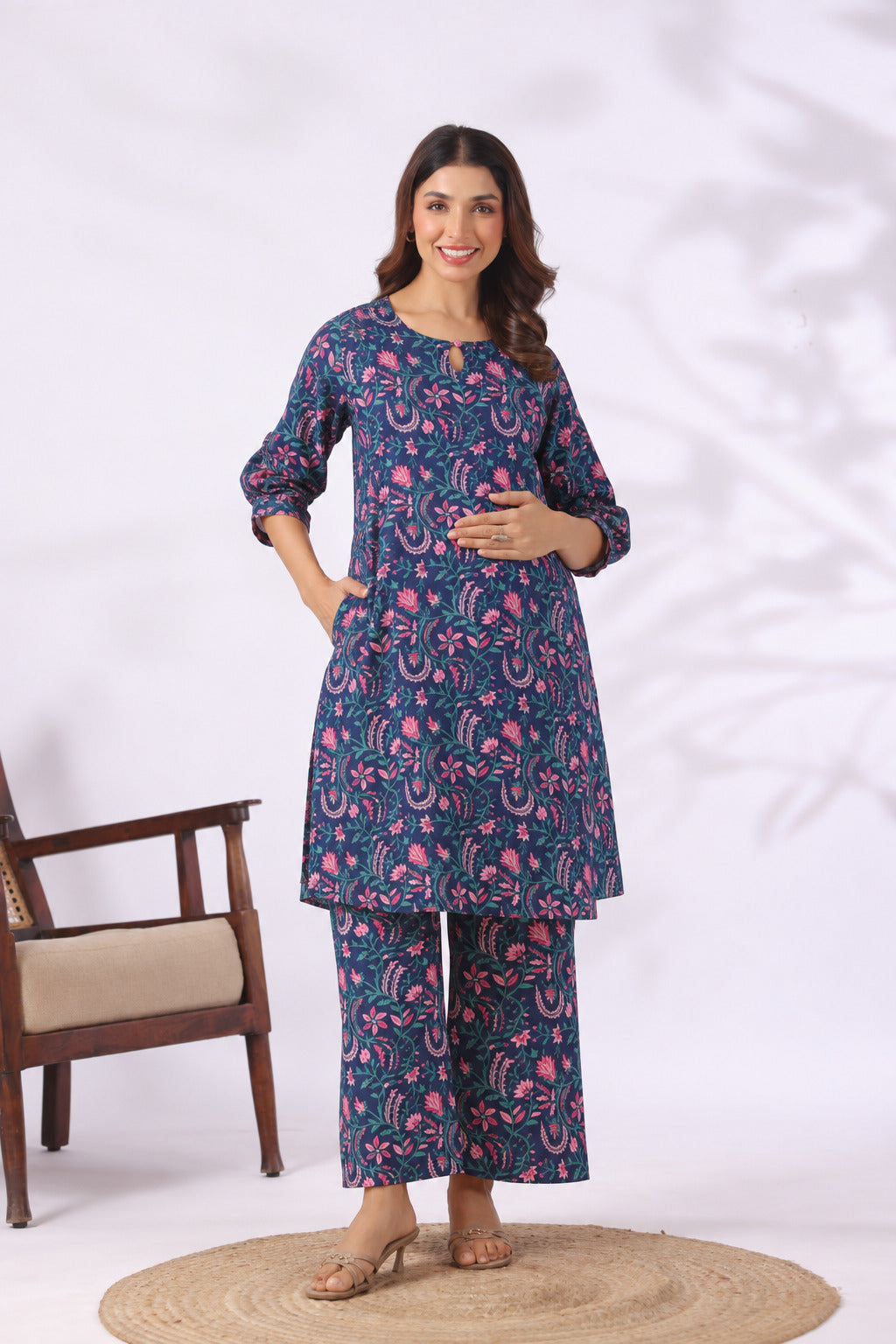 Vintage Blue Floral Cotton Maternity - Nursing Co-ord Set