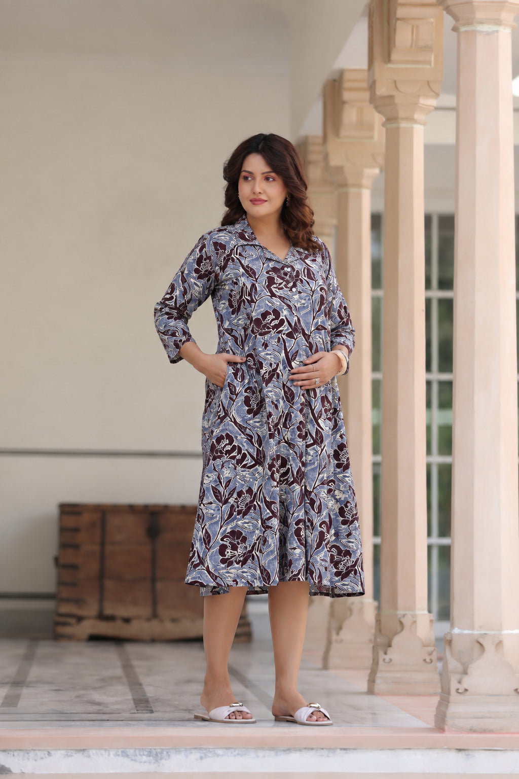 Wine Blossom Cotton Maternity - Nursing Dress
