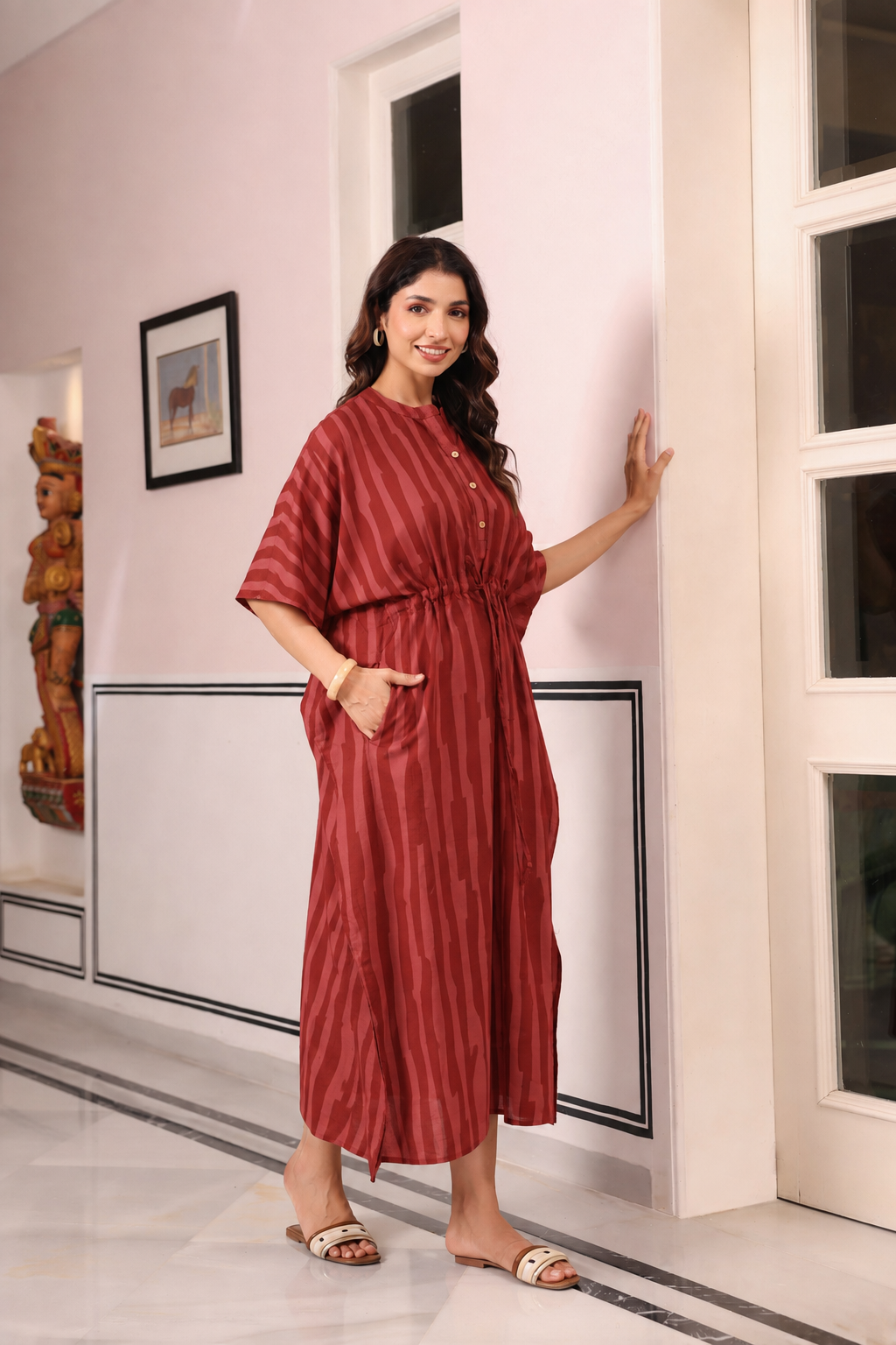 Rust Abstract Stripe Cotton Kaftan ( One-Size )
