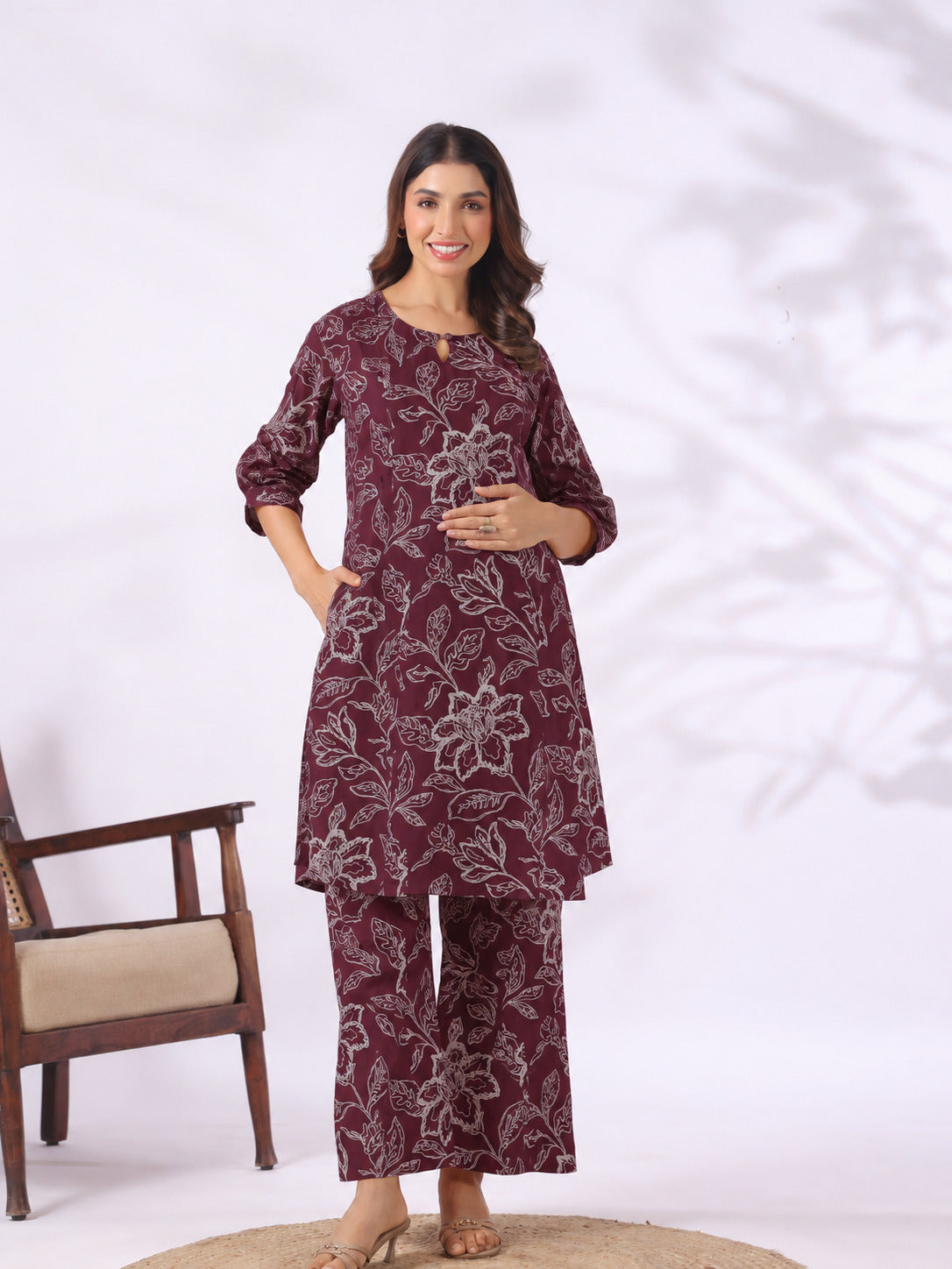 Plum Leaf Print Cotton Maternity - Nursing Co-ord Set