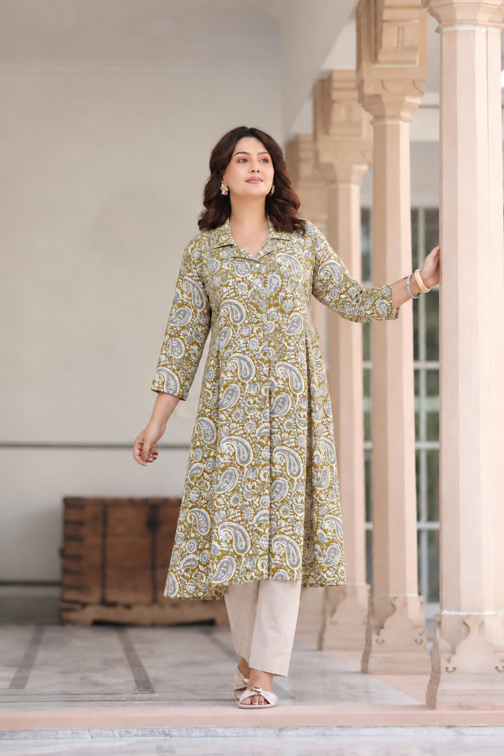 Olive Paisley Cotton Maternity - Nursing Kurti