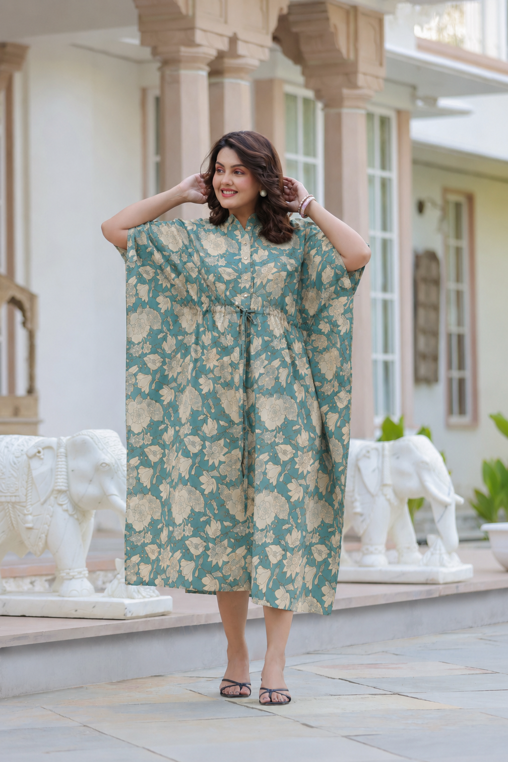 Teal Gardenia Cotton Kaftan ( One-Size )