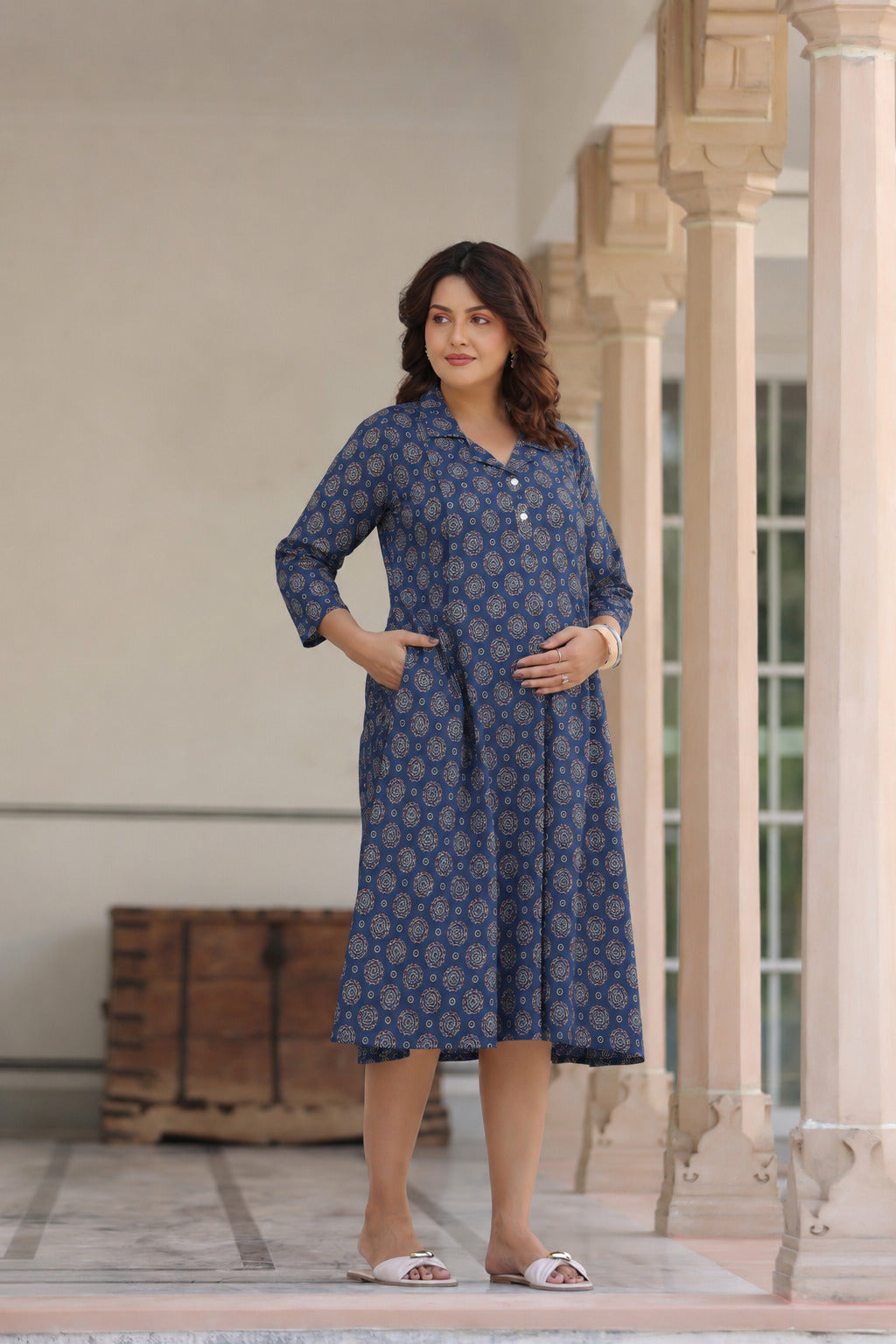 Indigo Mandala Bloom Cotton Maternity - Nursing Dress