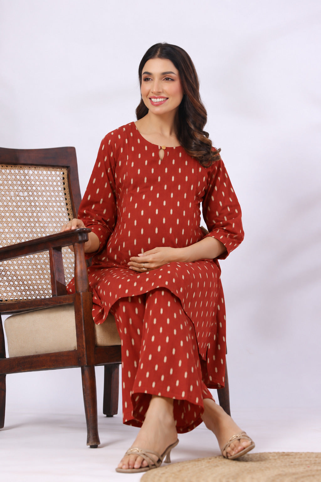 Maroon Loom Print Cotton Maternity - Nursing Co-ord Set