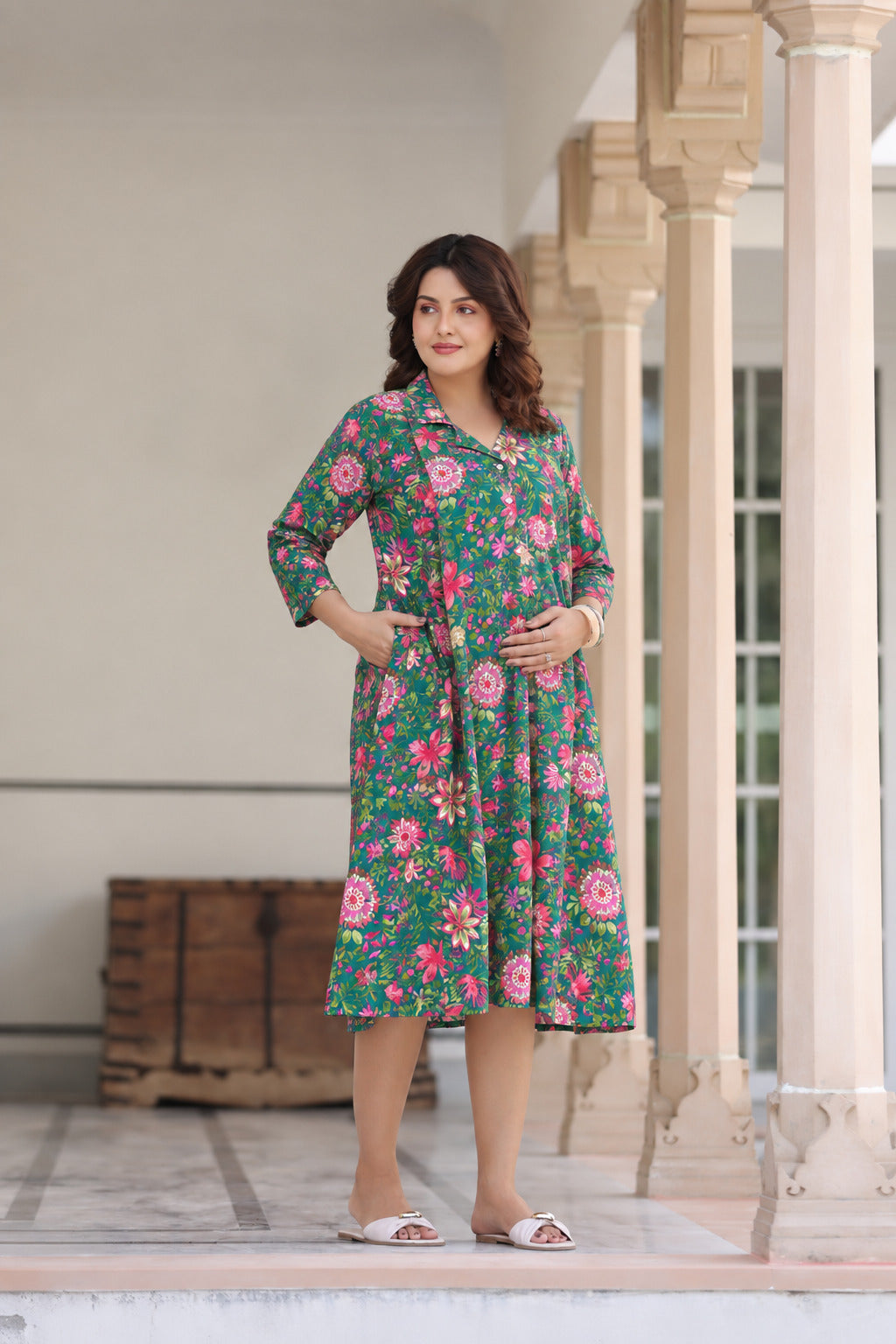 Emerald Bloom Cotton Maternity - Nursing Dress