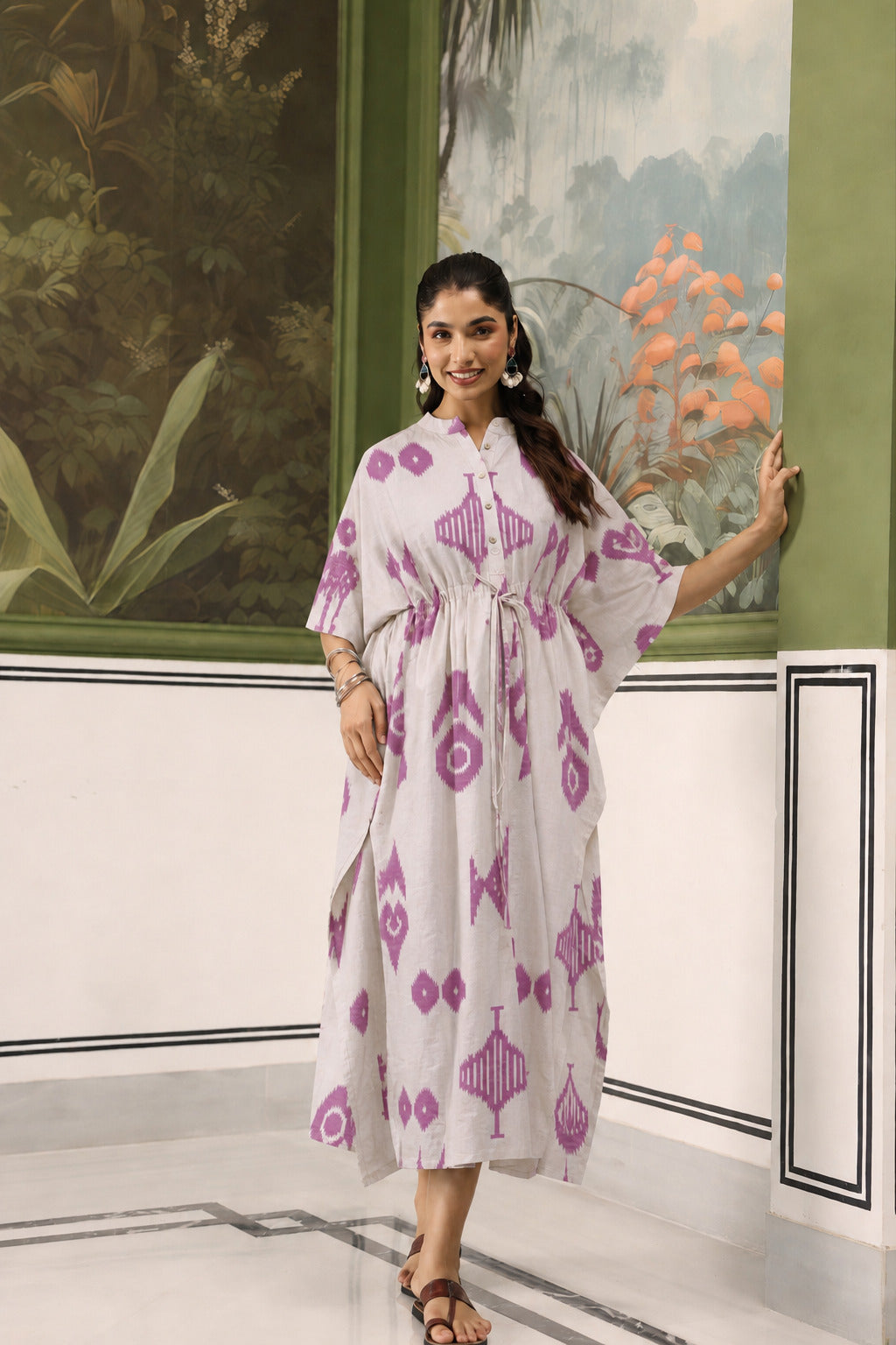 French Grey Classic Ikat Cotton Maternity - Nursing Kaftan ( One-Size )