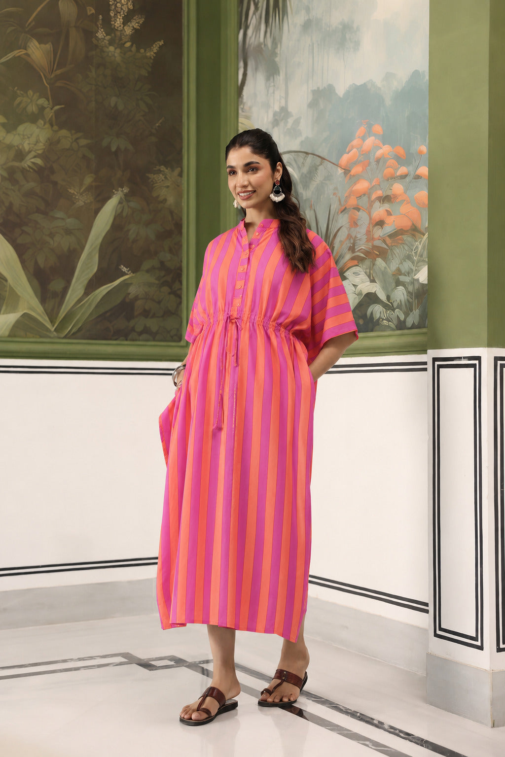 Rani Coral Stripes Cotton Maternity - Nursing Kaftan ( One-Size )