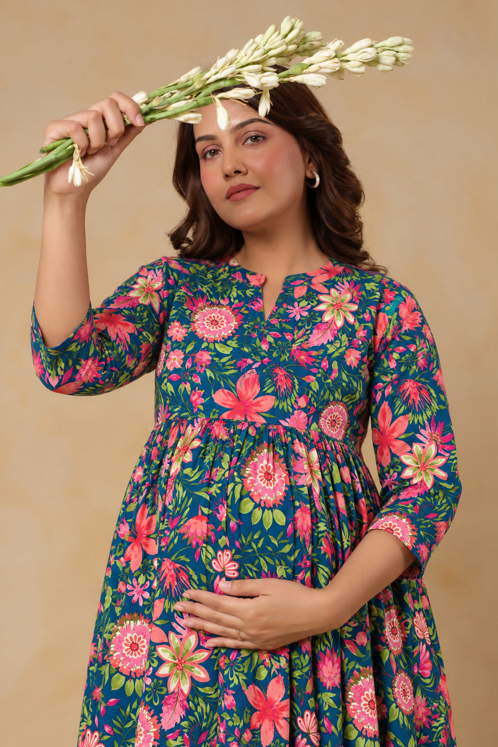 Teal Blossom Garden Cotton Maternity - Nursing Kurti