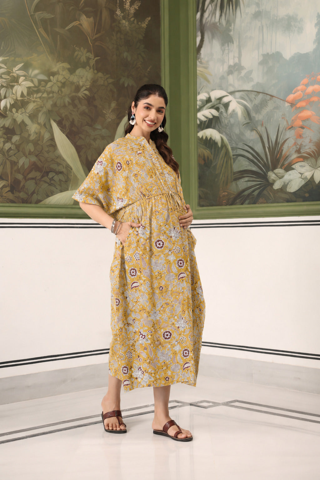 Wildflower Gold Cotton Maternity - Nursing Kaftan ( One-Size )