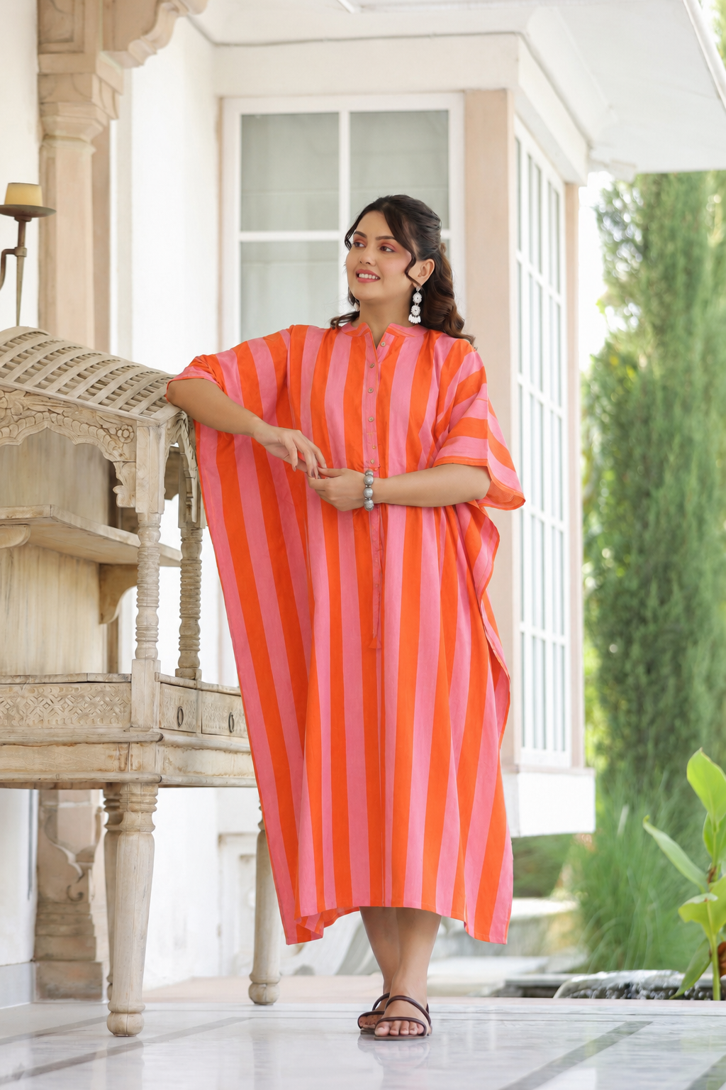 Flamingo Flame Cotton Maternity - Nursing Kaftan ( One-Size )