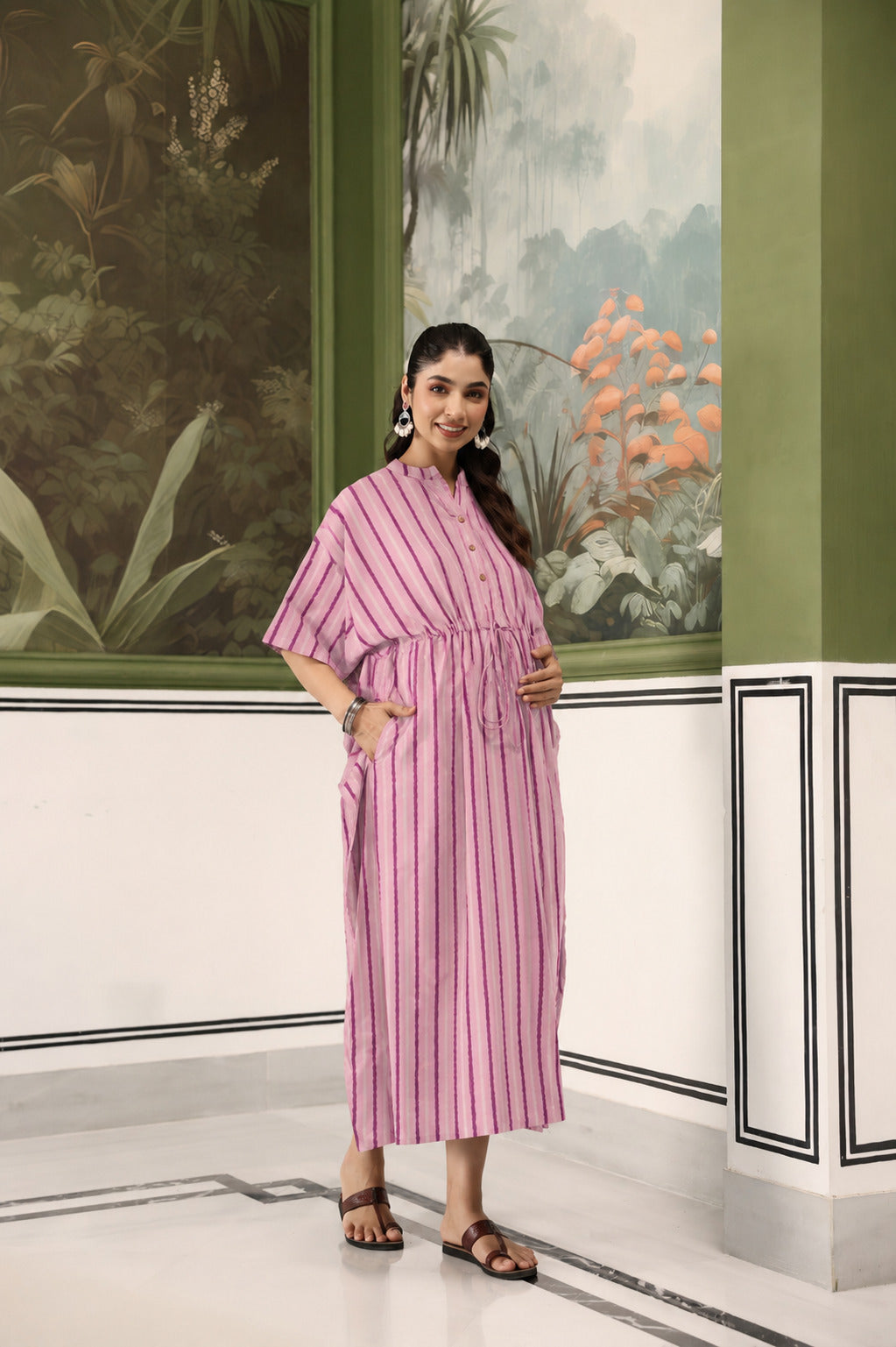 Lilac Dream Striped Cotton Maternity - Nursing Kaftan ( One-Size )