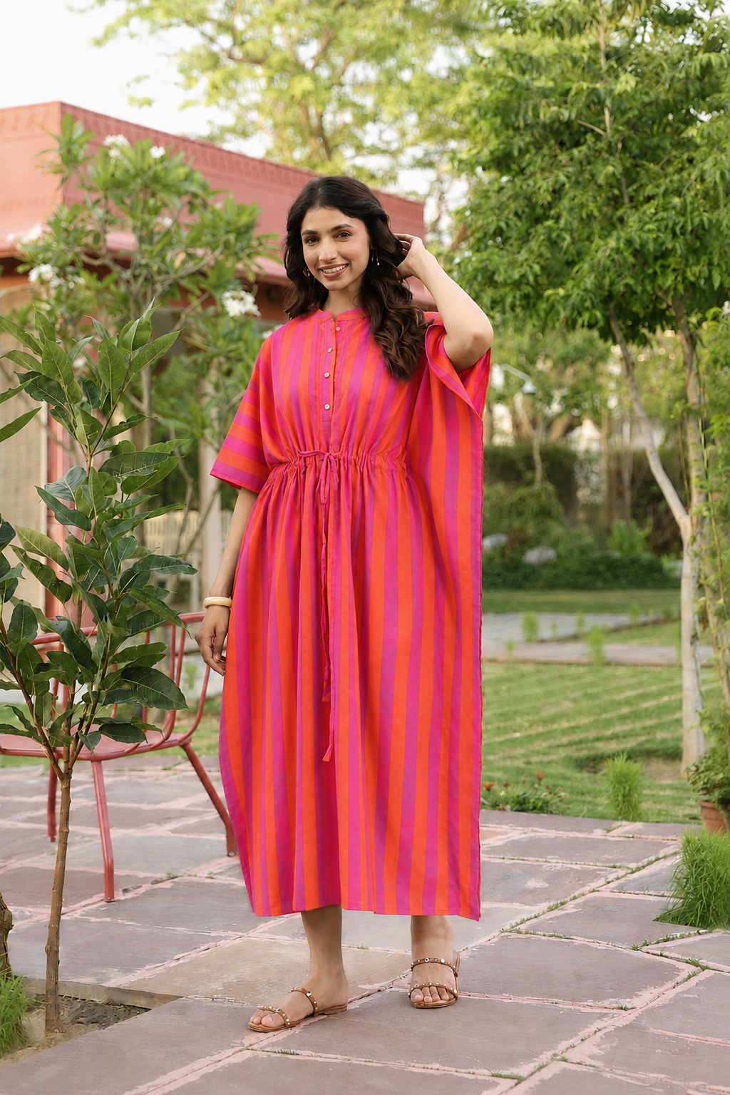 Rani Coral Stripes Cotton Kaftan ( One-Size )