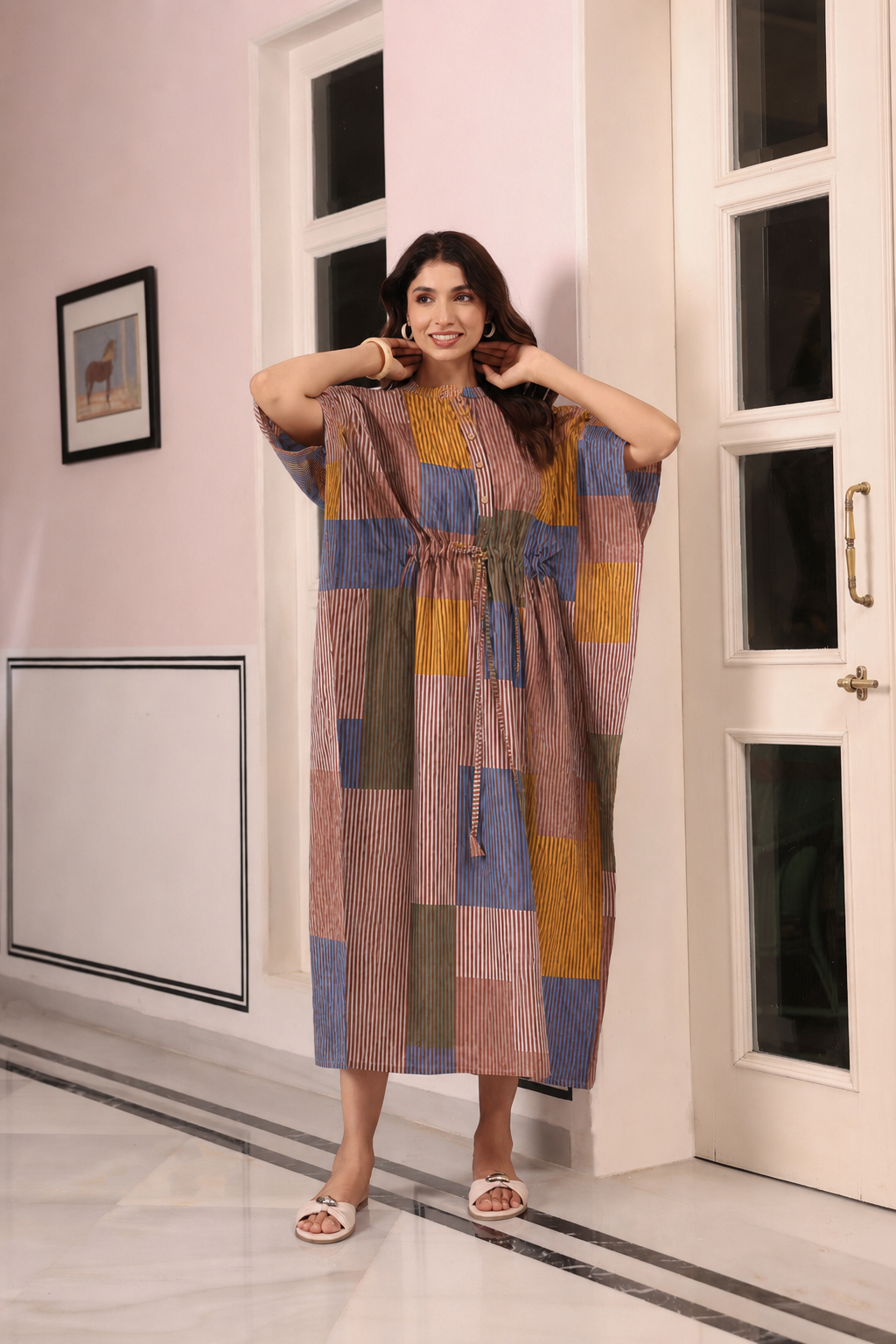 Ocean Blue Multi Panelled Cotton Kaftan ( One-Size )