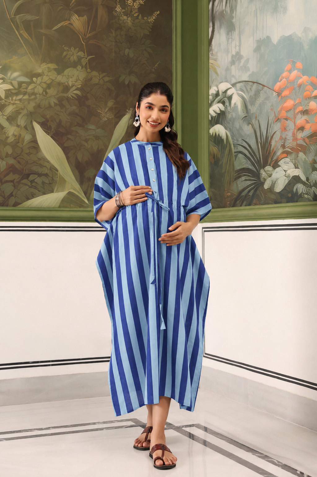 Ocean Lines Cotton Maternity - Nursing Kaftan ( One-Size )