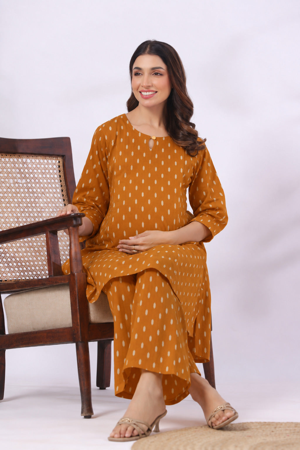 Mustard Loom Print Cotton Maternity - Nursing Co-ord Set
