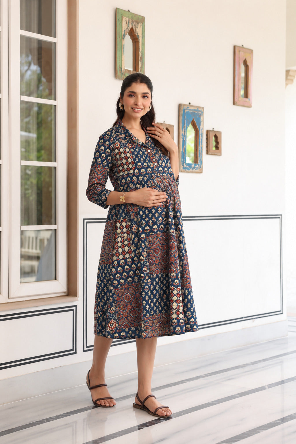 Indigo Patchwork Cotton Maternity - Nursing Dress