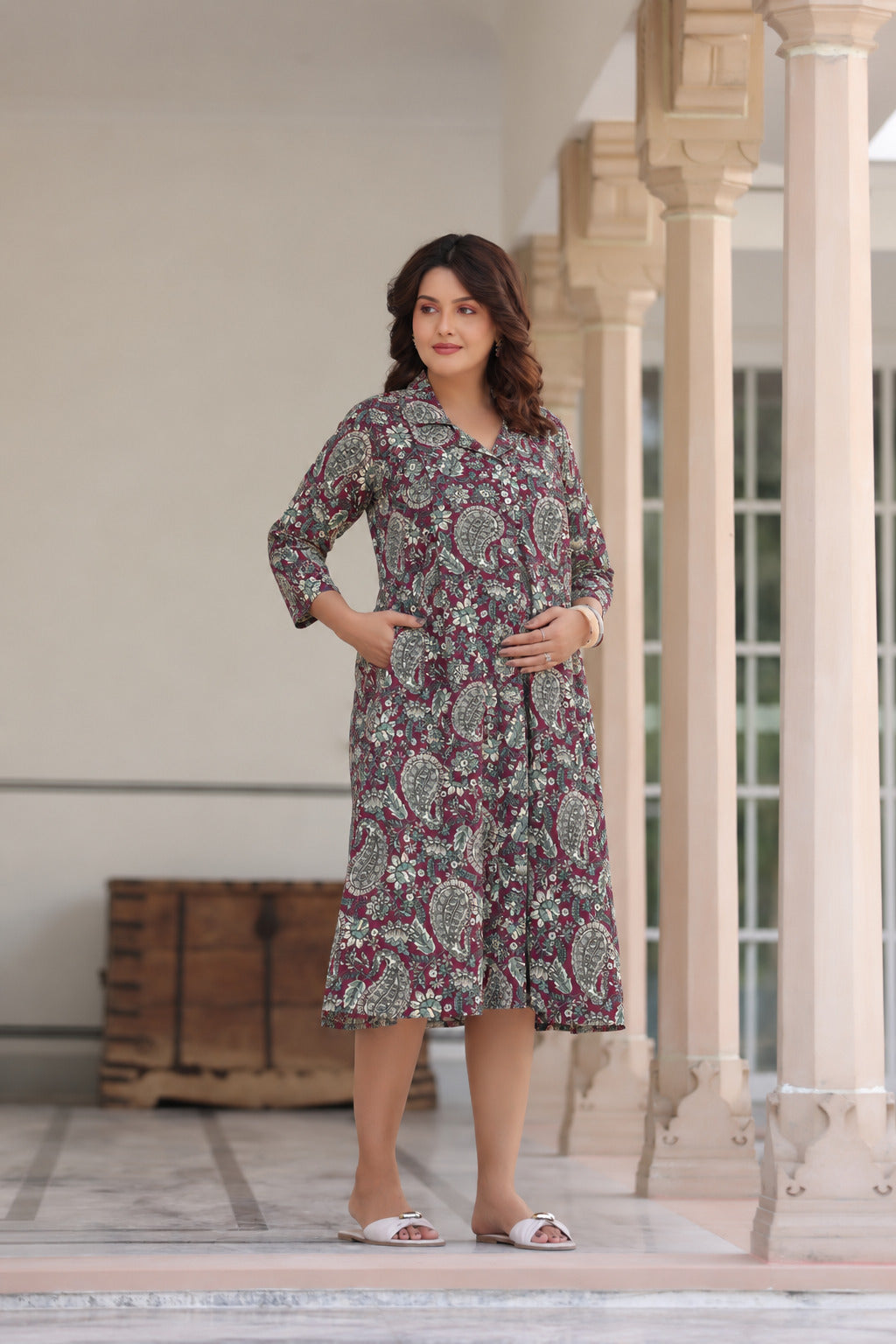 Burgundy Jaal Cotton Maternity - Nursing Dress