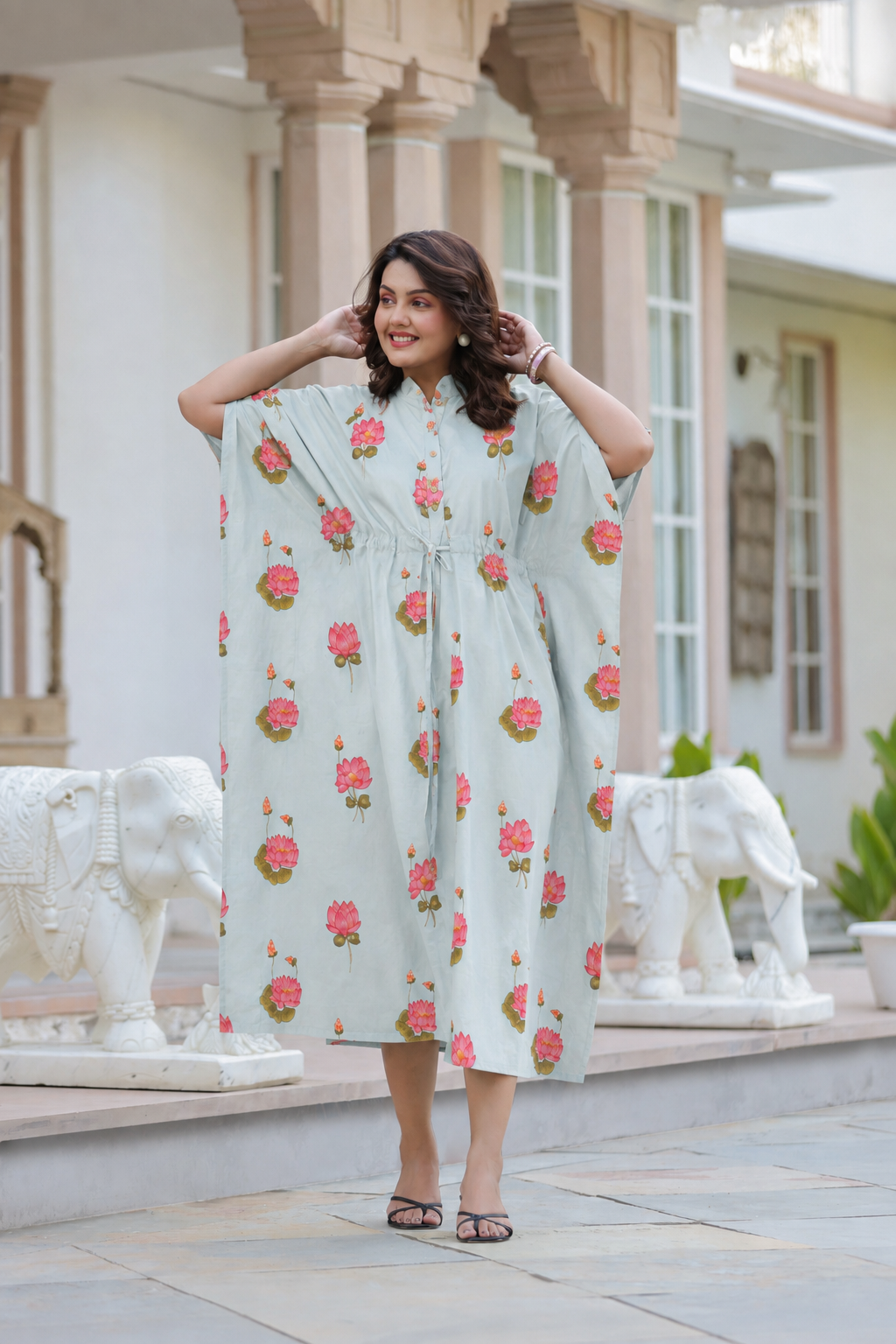Vintage Lotus Pond Cotton Kaftan ( One-Size )
