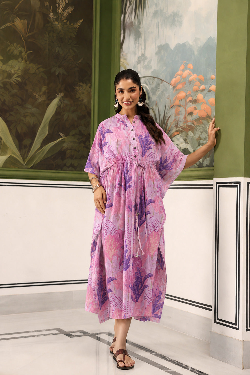 Lavender Bloom Garden Cotton Maternity - Nursing Kaftan ( One-Size )