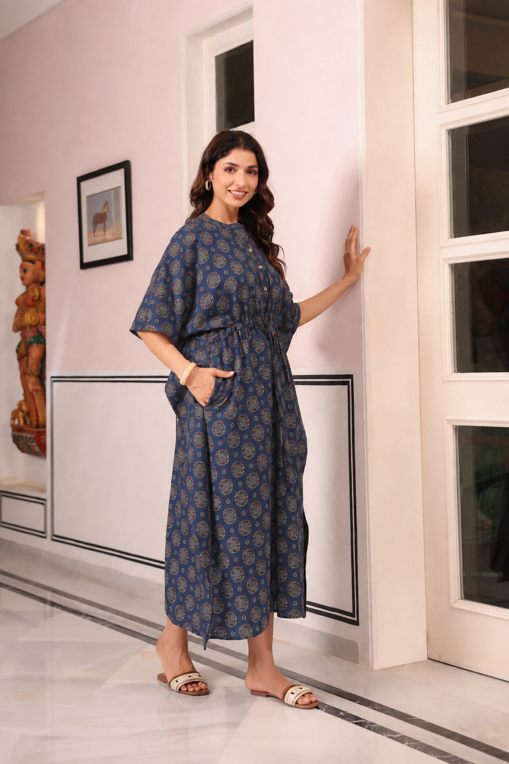 Indigo Mandala Bloom Cotton Kaftan ( One-Size )