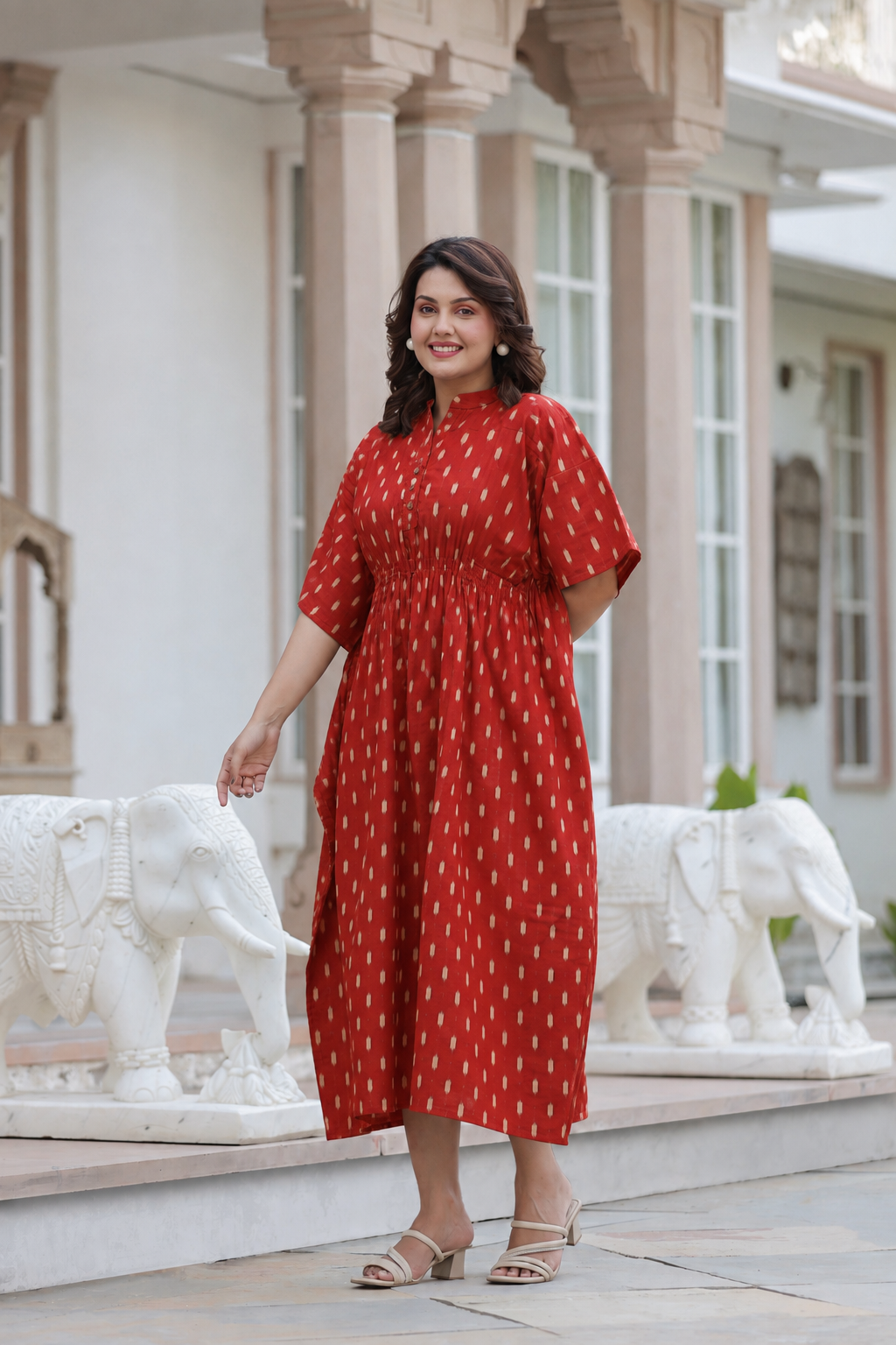Maroon Loom Print Cotton Kaftan ( One-Size )
