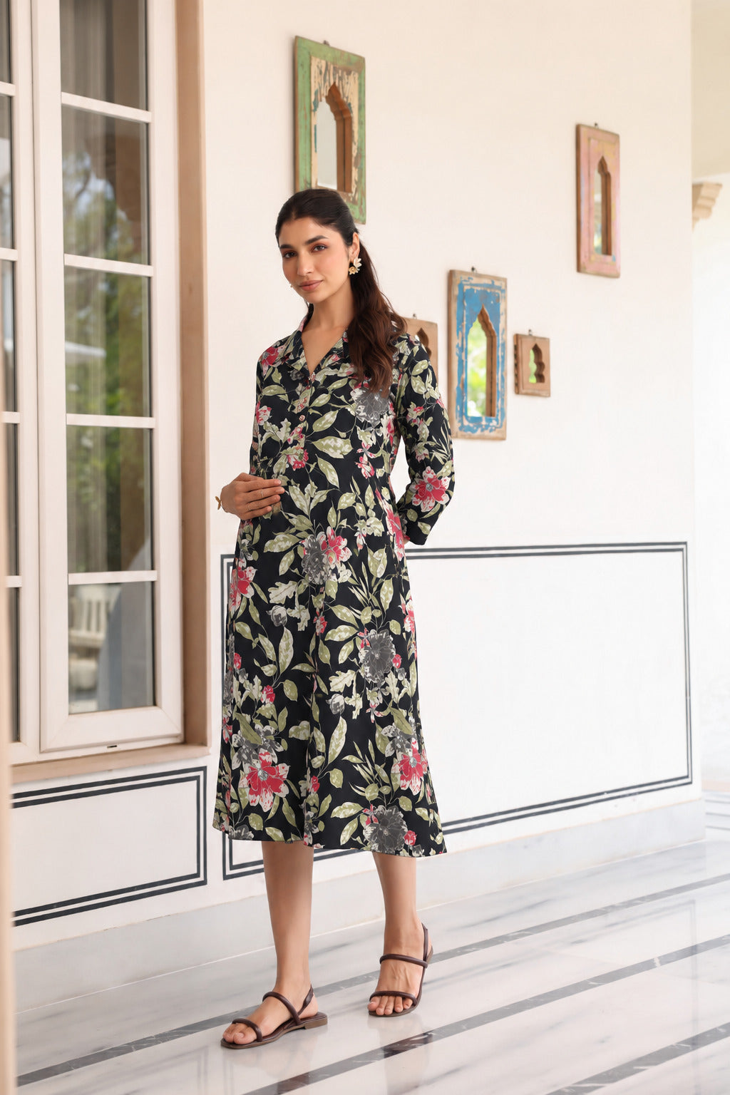 Black Garden Bloom Cotton Maternity - Nursing Dress