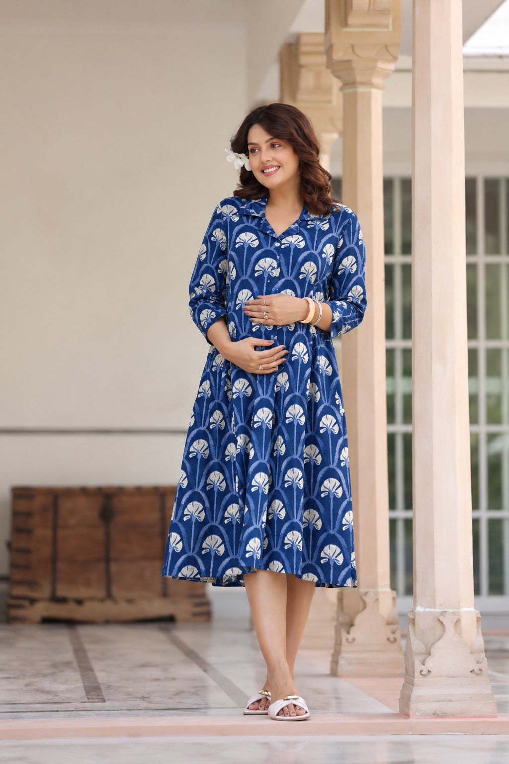 Indigo Fan Bloom Cotton Maternity - Nursing Dress