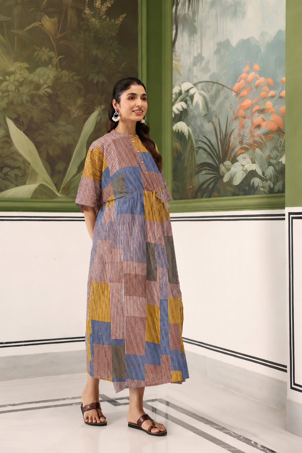 Ocean Blue Multi Panelled Cotton Maternity - Nursing Kaftan ( One-Size )