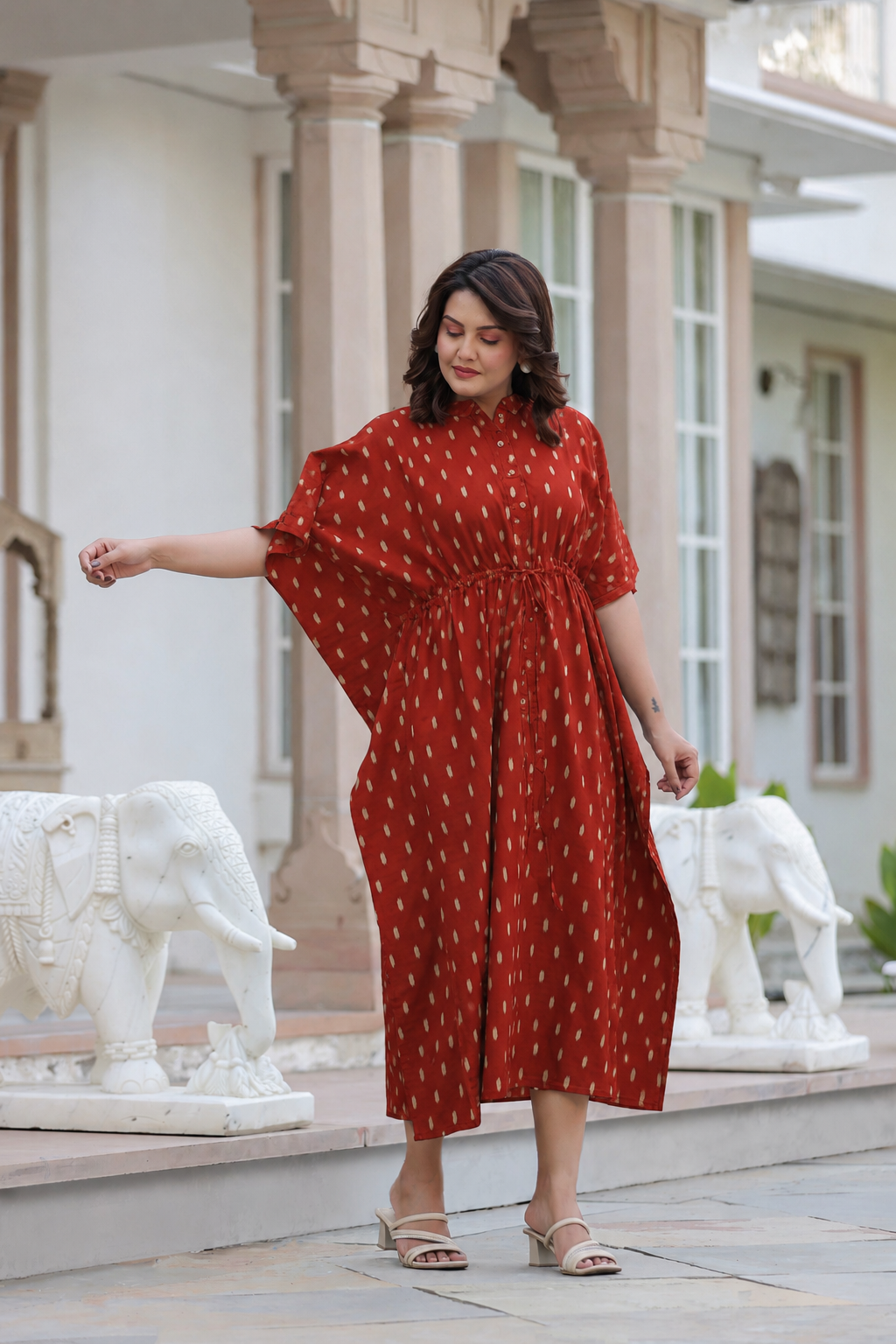 Maroon Loom Print Cotton Kaftan ( One-Size )