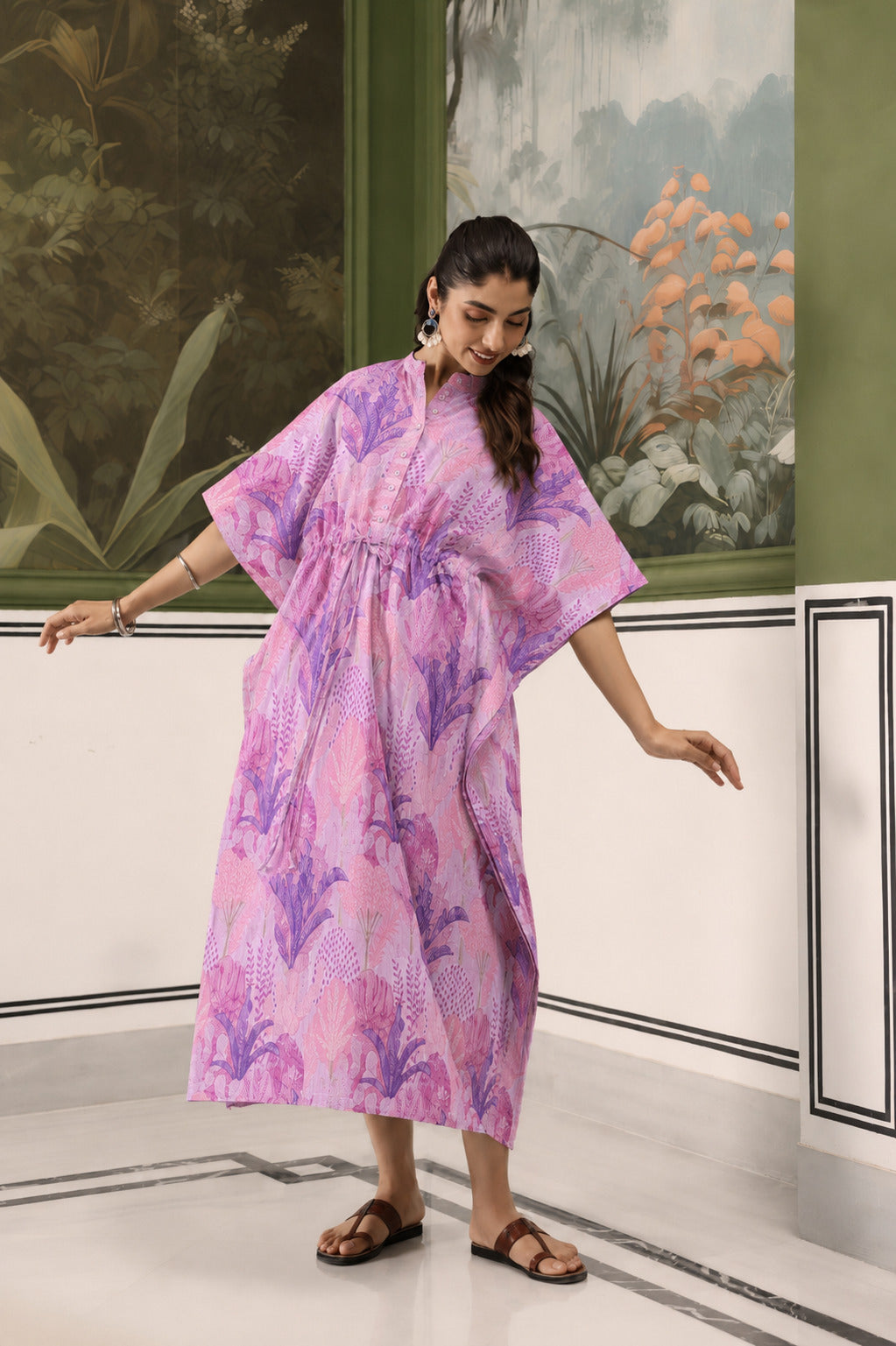 Lavender Bloom Garden Cotton Maternity - Nursing Kaftan ( One-Size )