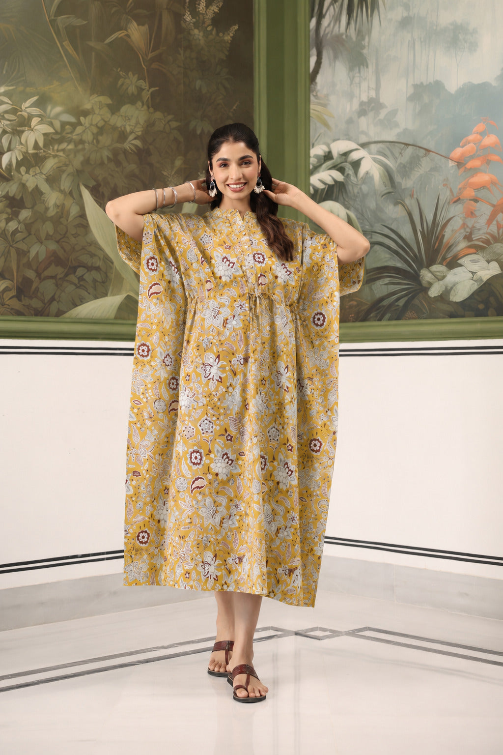 Wildflower Gold Cotton Maternity - Nursing Kaftan ( One-Size )