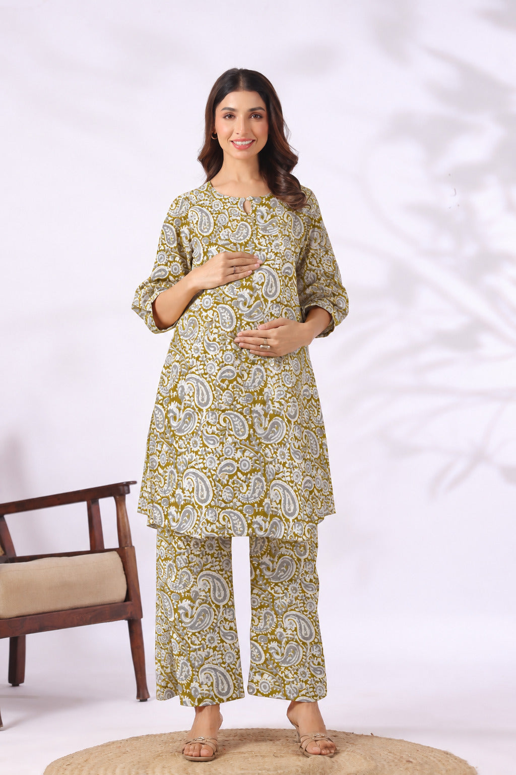 Olive Paisley Cotton Maternity - Nursing Co-ord Set