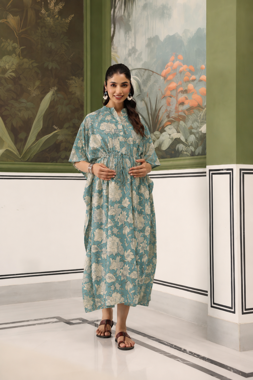 Teal Gardenia Cotton Maternity - Nursing Kaftan ( One-Size )
