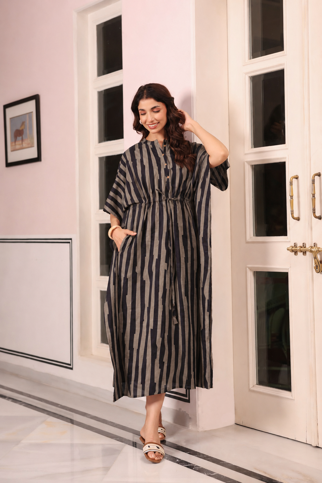 Black Grey Abstract Stripe Cotton Kaftan ( One-Size )