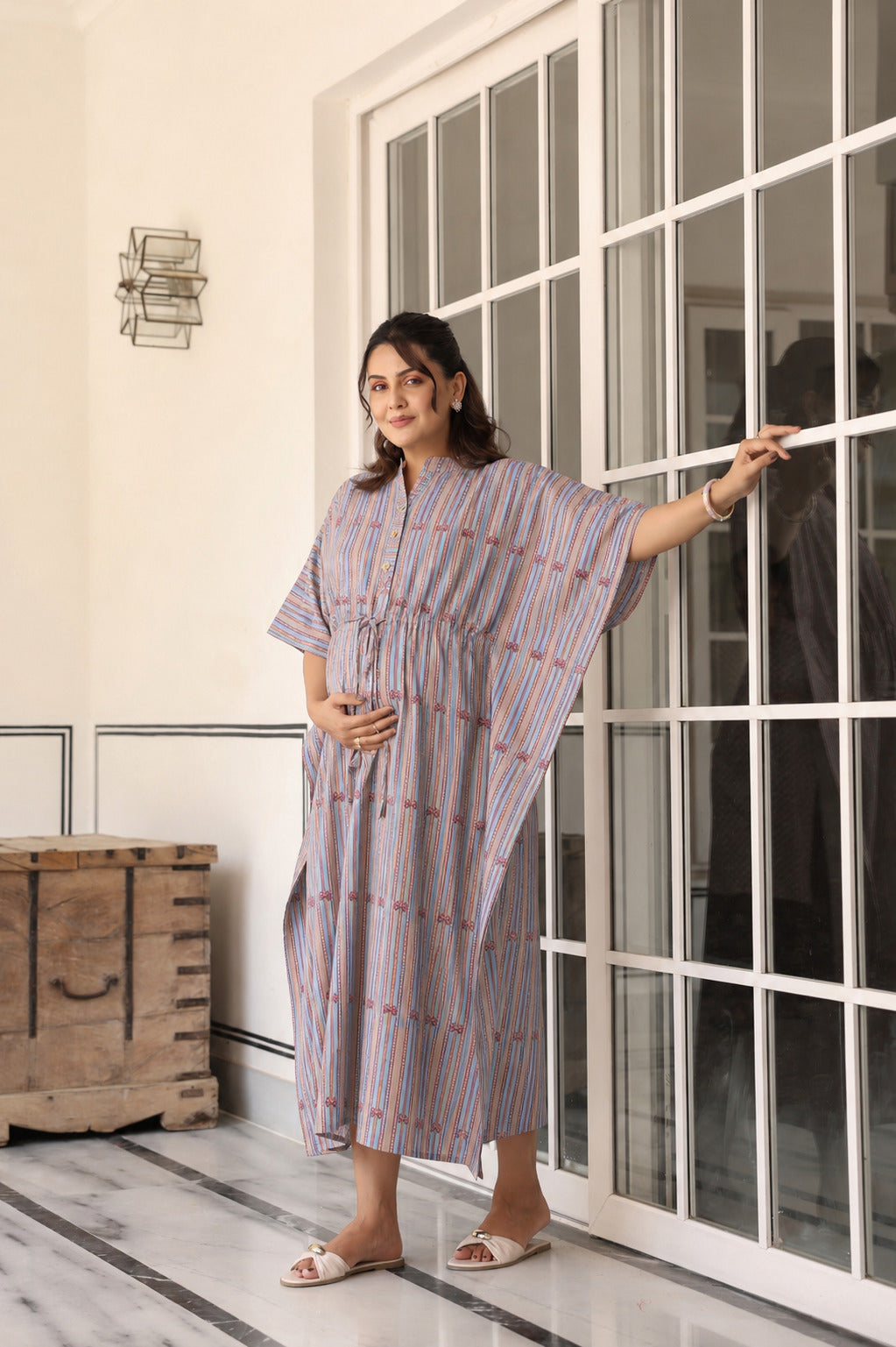 Azure Ajrakh Lines Cotton Maternity - Nursing Kaftan ( One-Size )