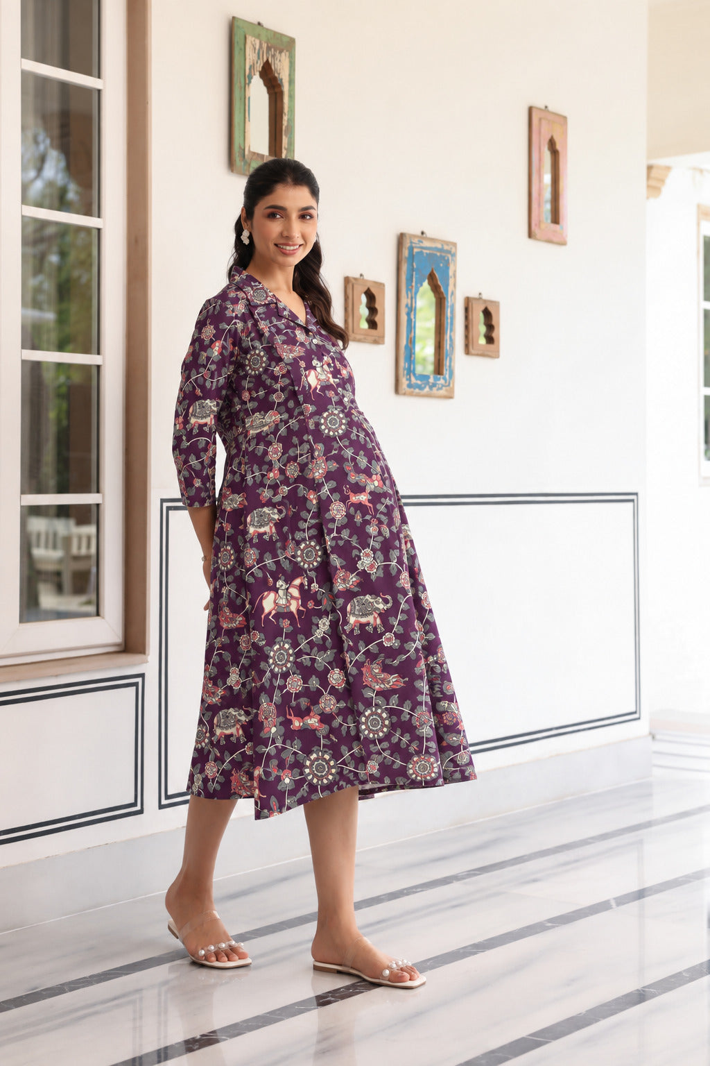 Purple Jungle Story Cotton Maternity - Nursing Dress