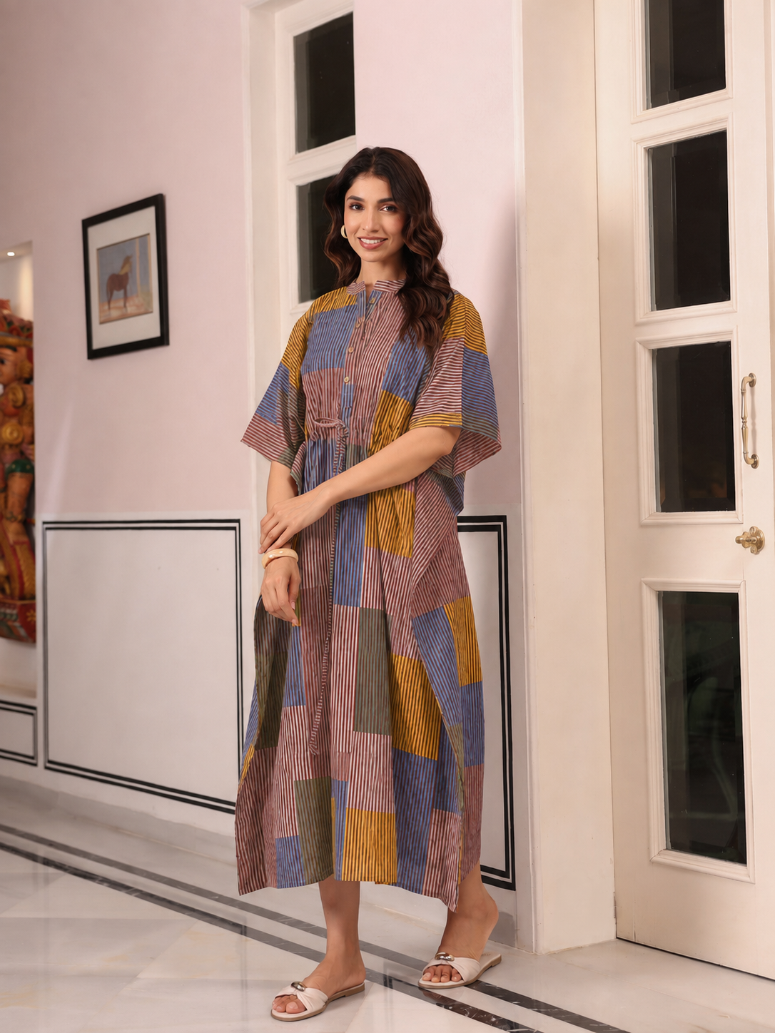 Ocean Blue Multi Panelled Cotton Kaftan ( One-Size )