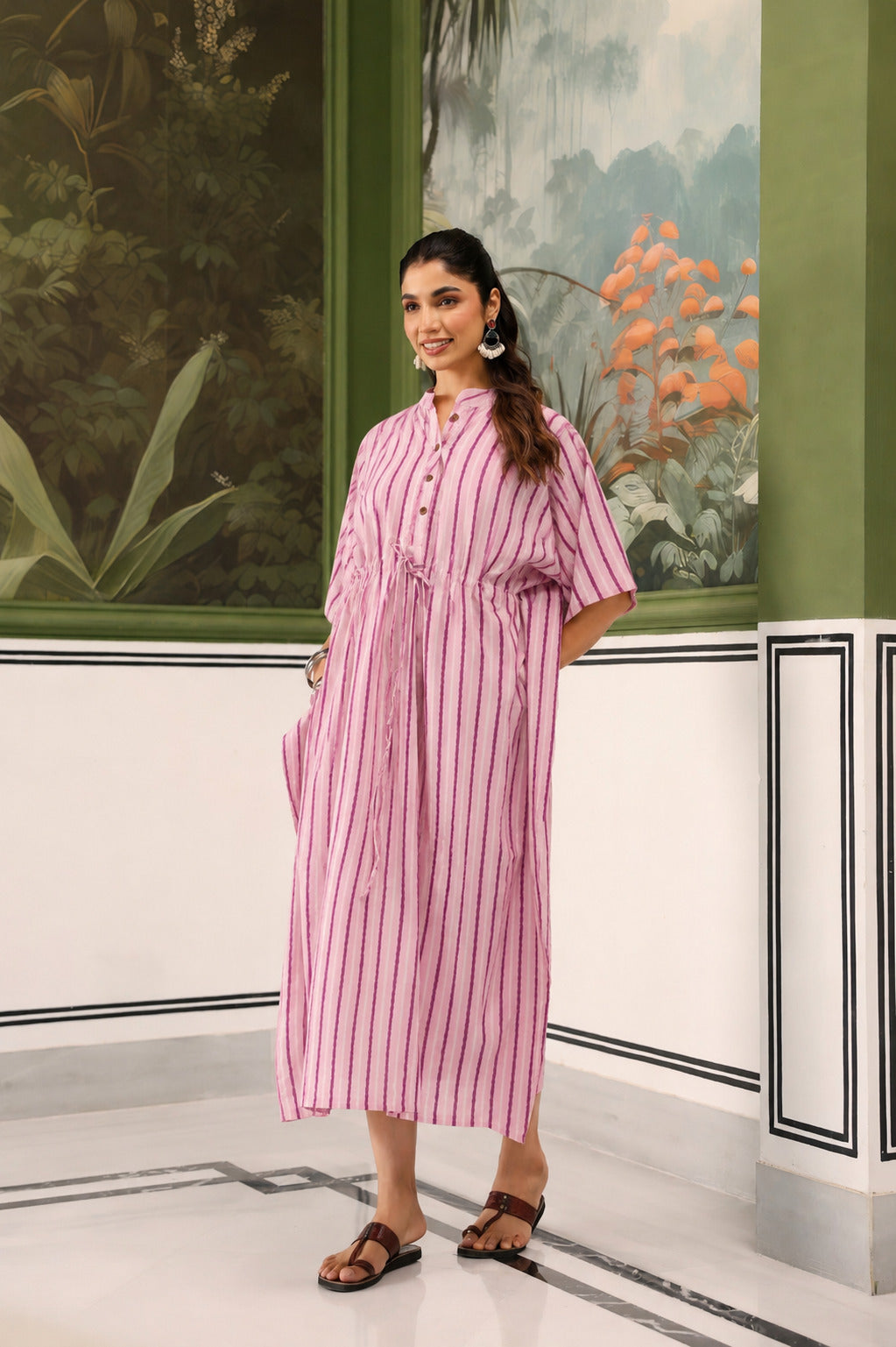 Lilac Dream Striped Cotton Maternity - Nursing Kaftan ( One-Size )