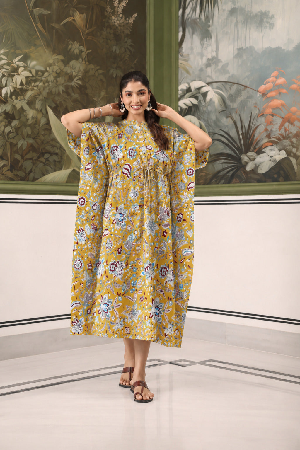 Wildflower Gold Cotton Maternity - Nursing Kaftan ( One-Size )