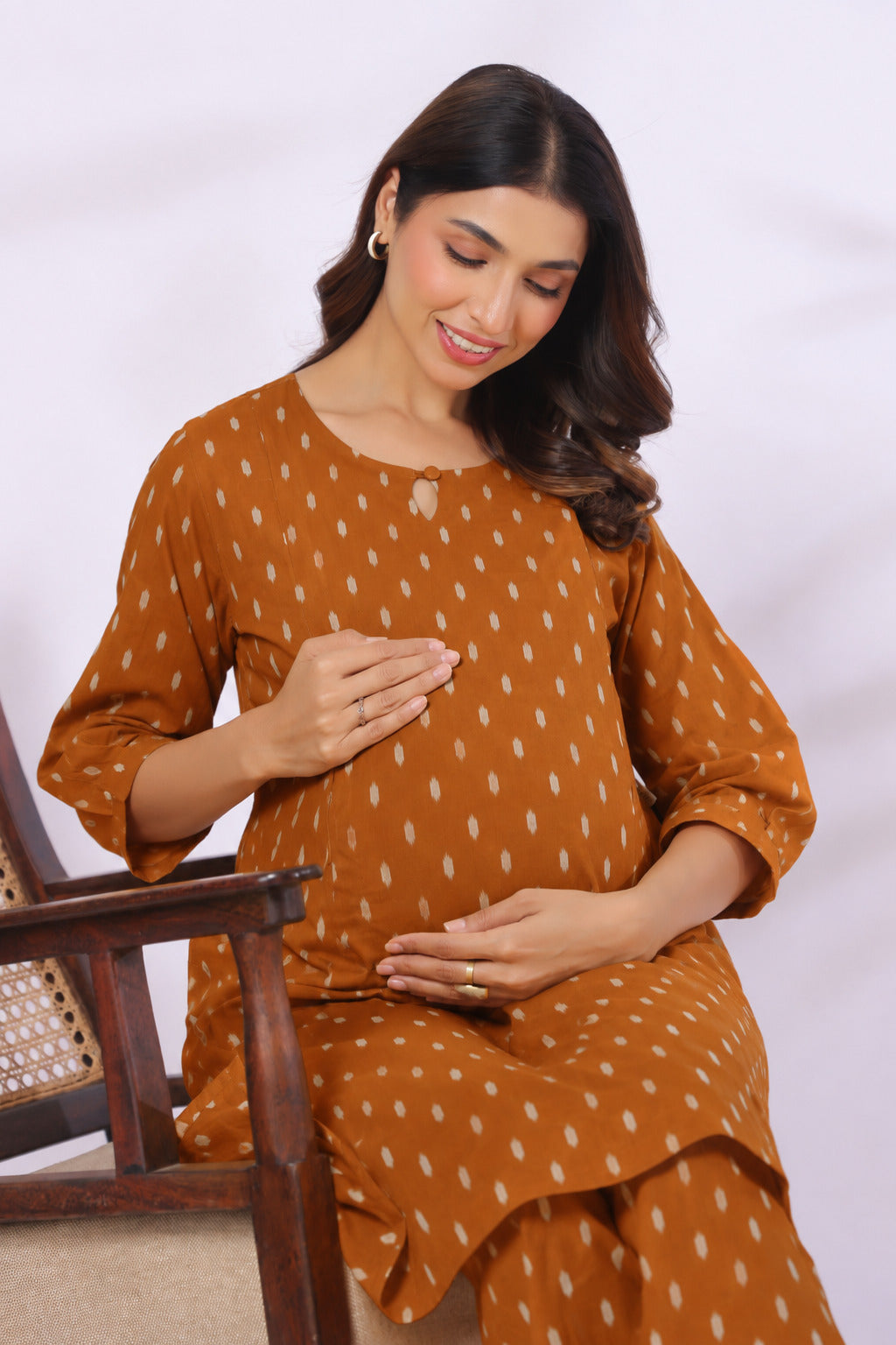Mustard Loom Print Cotton Maternity - Nursing Co-ord Set