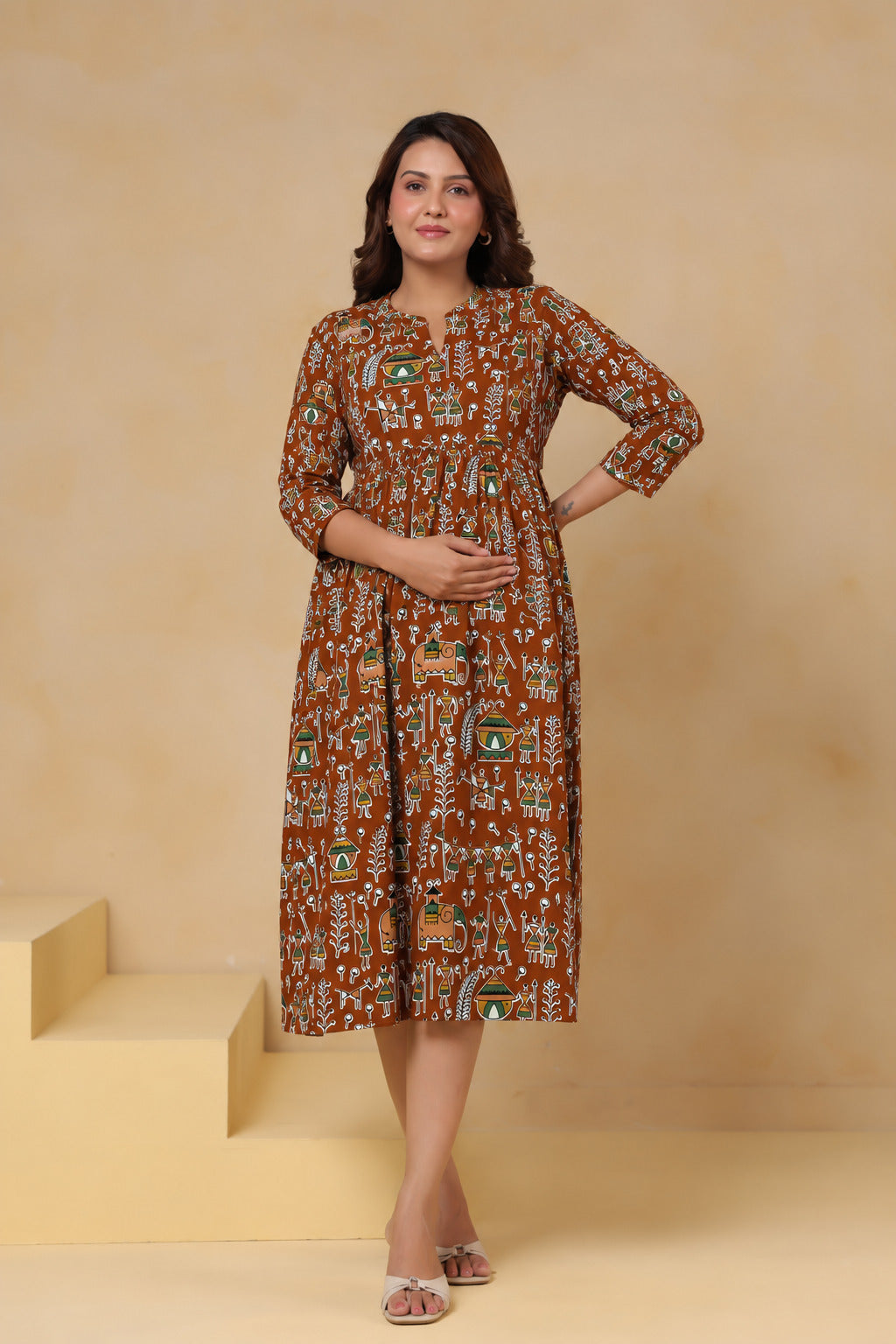 Rust Heritage Art Cotton Maternity - Nursing Dress