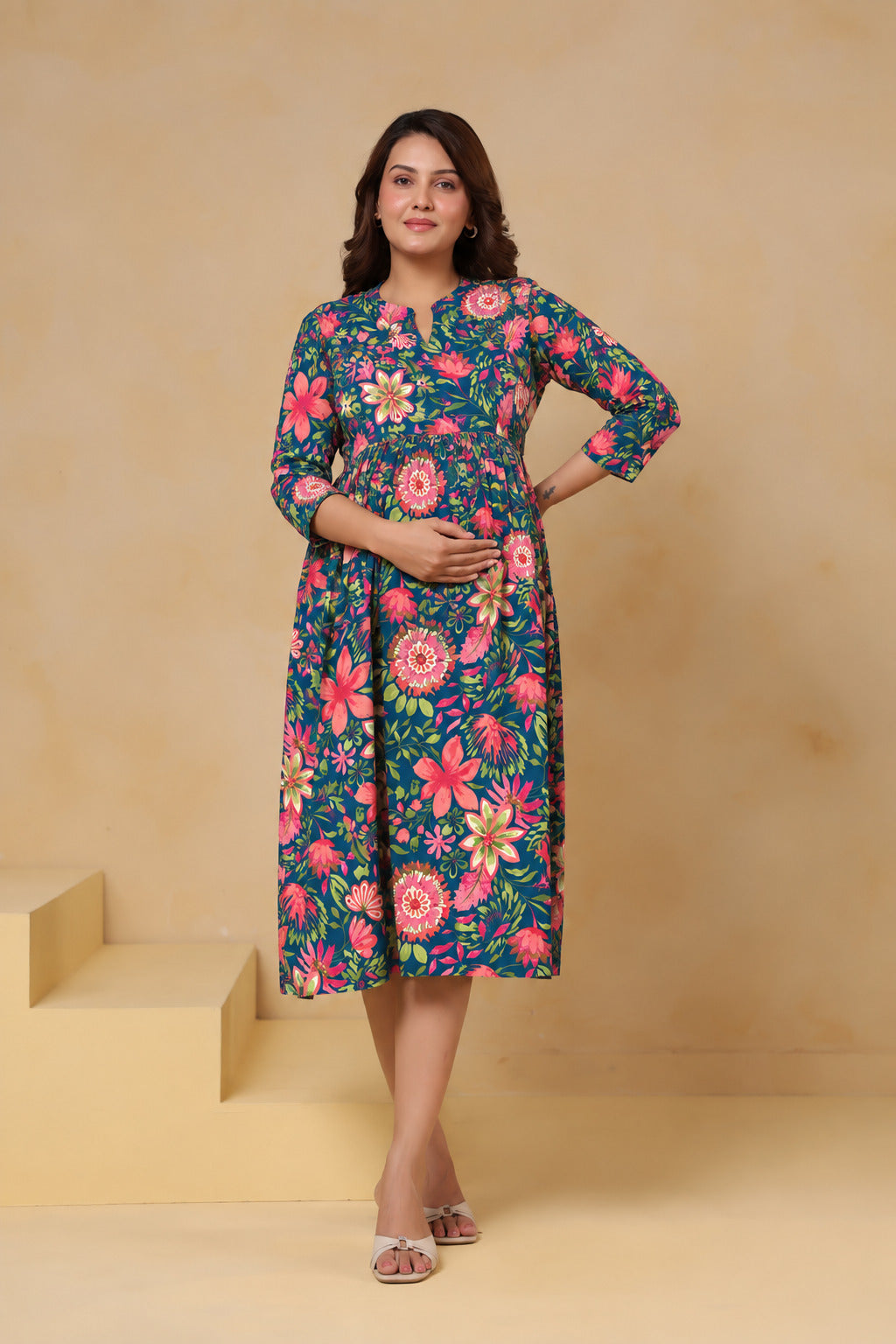 Teal Blossom Garden Cotton Maternity - Nursing Dress